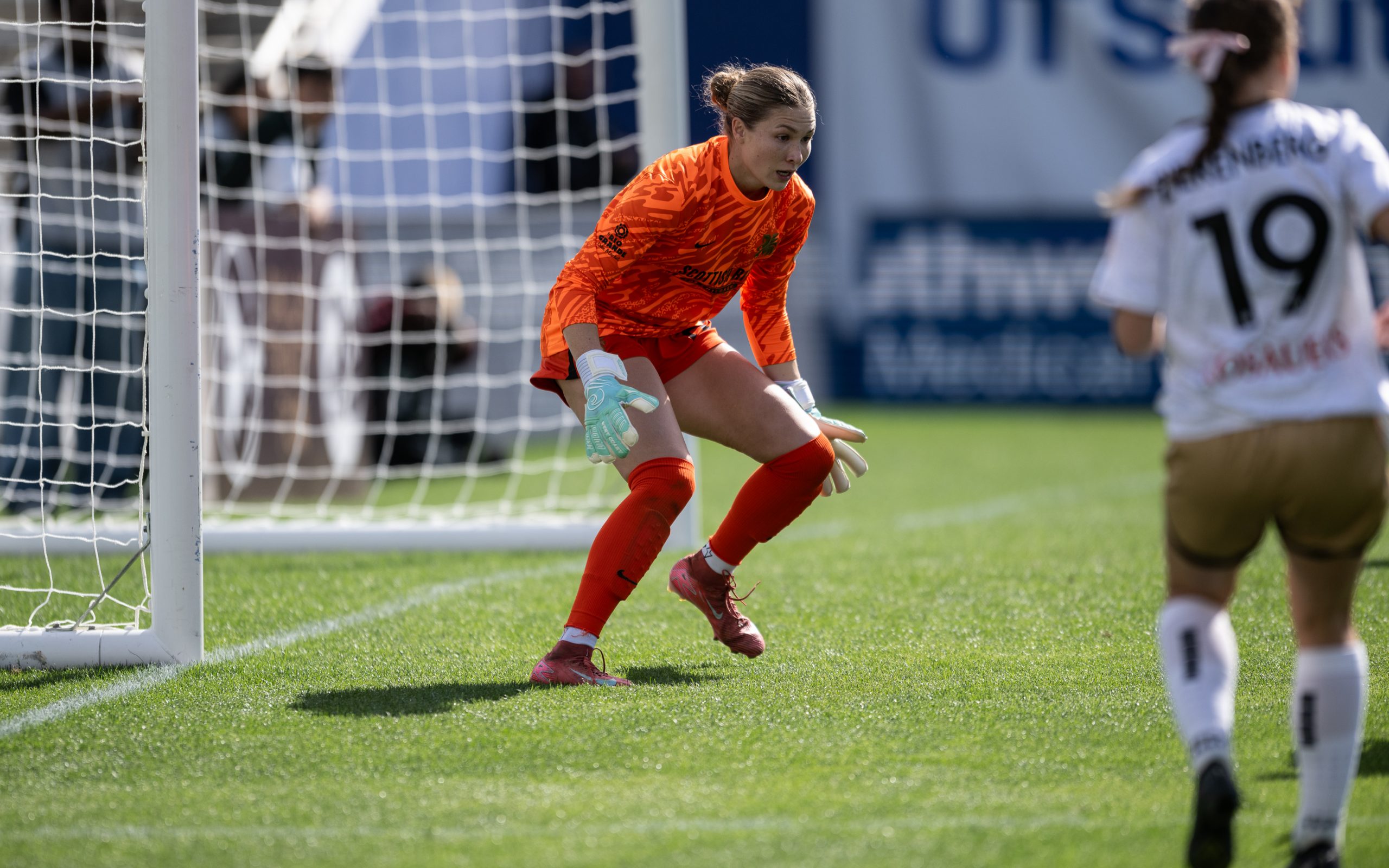 Tyler McCamey readies herself for a save against Spokane Zephyr, April 4, 2025. (Mike Brooks, 3rd Degree)