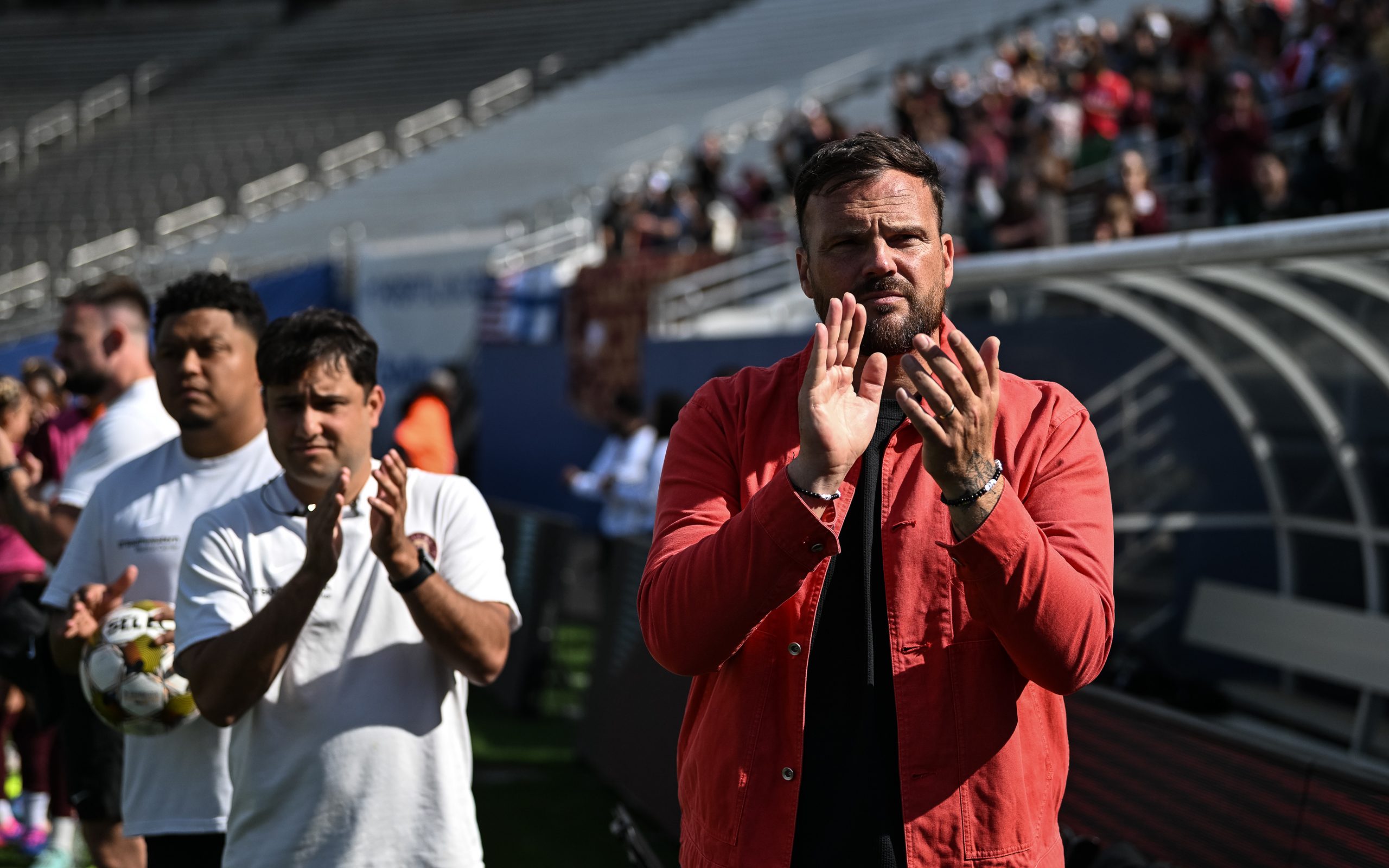 Nathan Thackeray and his staff are set for the Dallas Trinity match against Spokane Zephyr, April 4, 2025. (Mike Brooks, 3rd Degree)