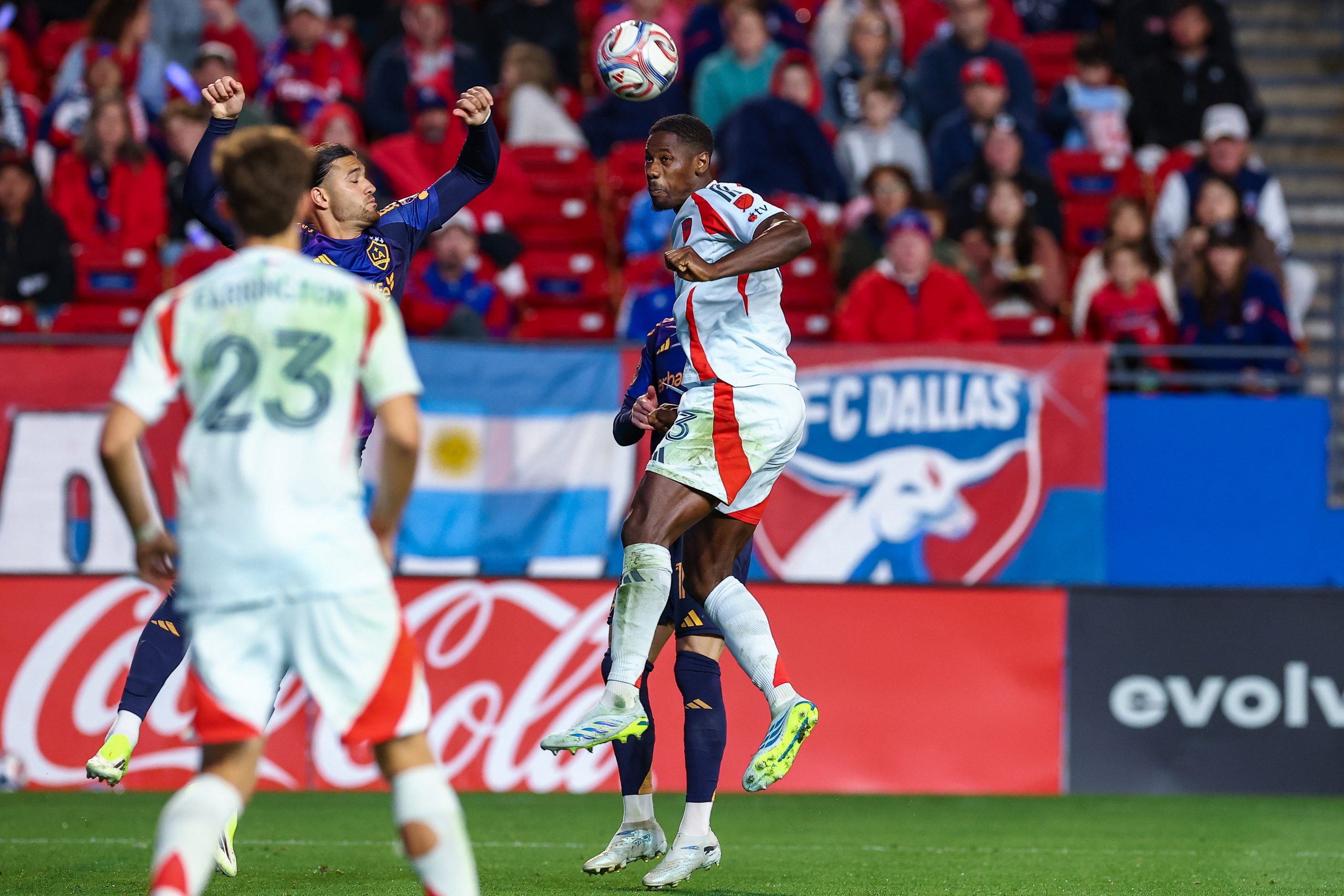 Osaze Urhoghide wins a header against LA Galaxy, April 18, 2026. (Matt Visinsky, 3rd Degree)