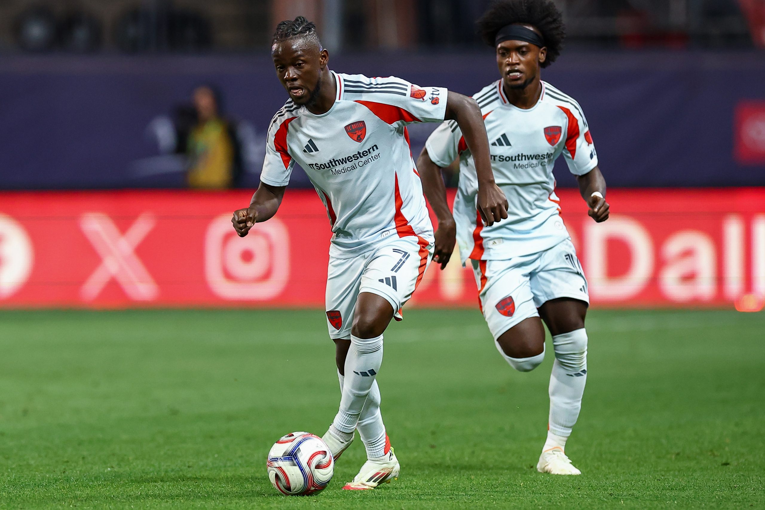 Louicius Deedson drives forward with Santiago Moreno in support vs the LA Galaxy, April 18, 2026. (Matt Visinsky, 3rd Degree)