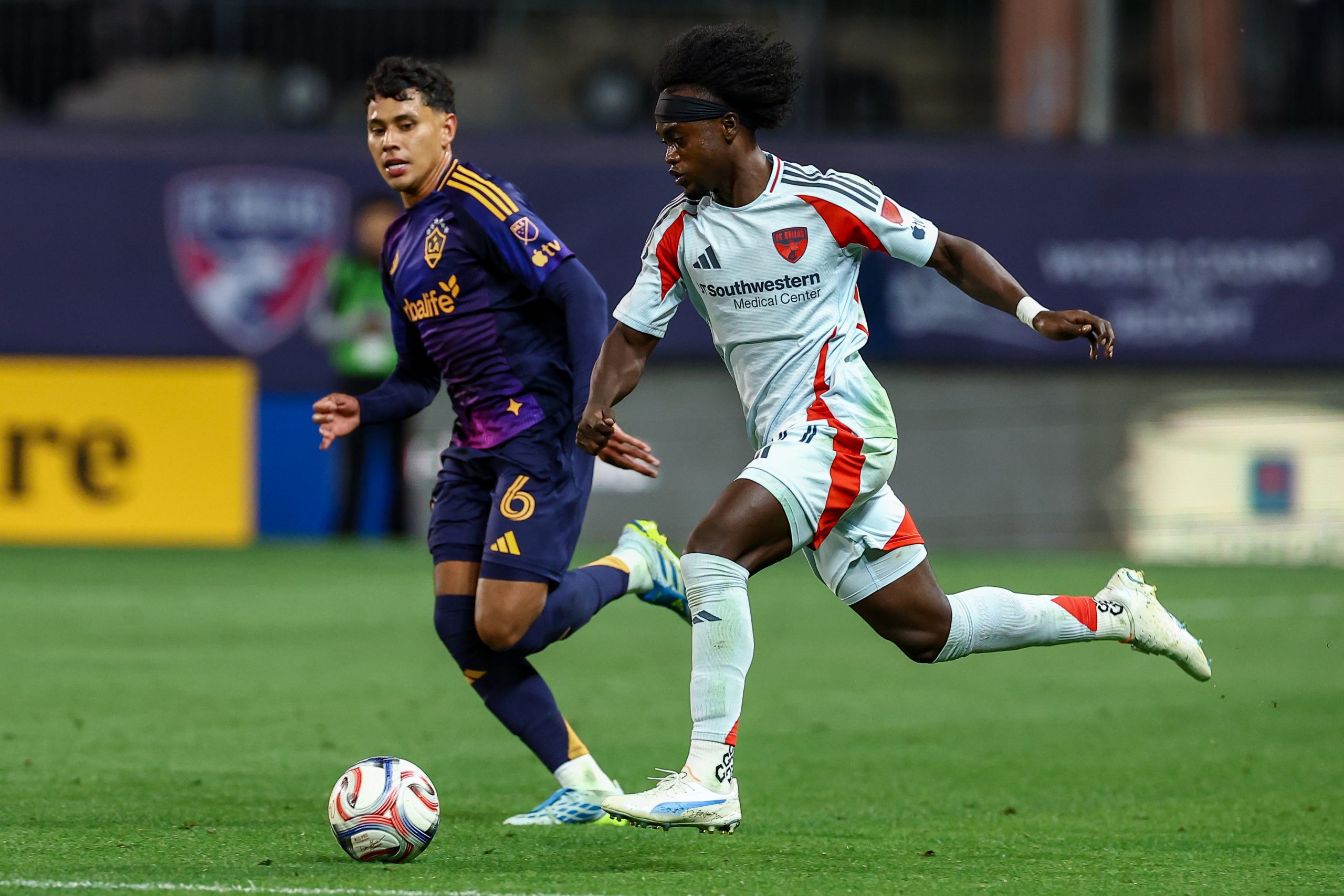 Santiago Moreno tries to drive past Edwin Cerrillo of the LA Galaxy, April 18, 2026. (Matt Visinsky, 3rd Degree)