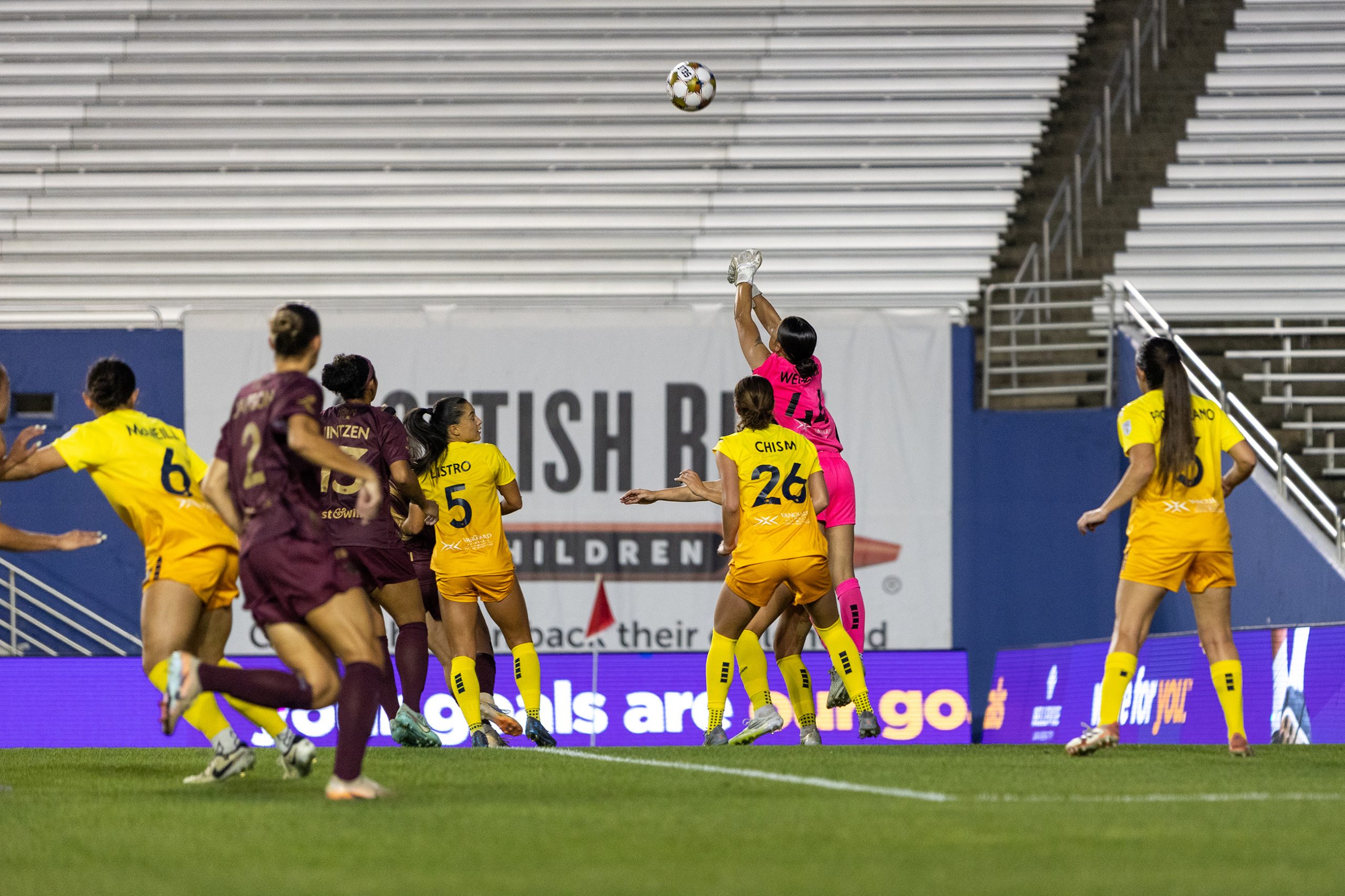 Keeper Emory Wegener (44) punches the ball out in the Dallas Trinity game against Tampa Bay Sun, March 31, 2026. (Beth Spicer, 3rd Degree)