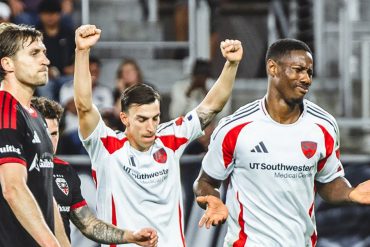 Osaze Urhoghide and Peter Musa celebrate against DC United, April 4, 2026. (Courtesy FC Dallas)