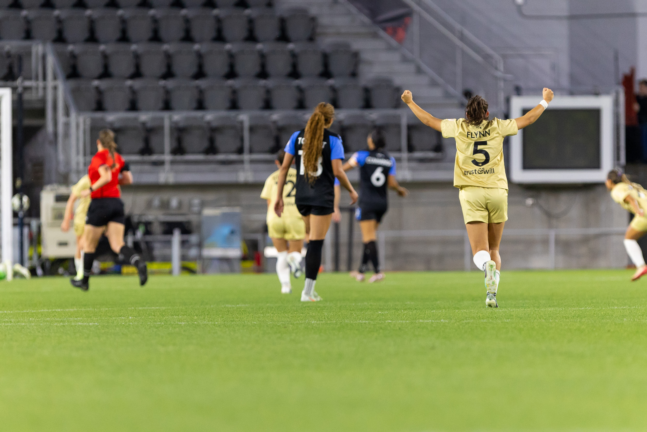 Lauren Flynn celebrates Bethany Bos' goal - Dallas Trinity at DC Power, May 1, 2026 (Photo: Kylli Asaro Courtesy: Dallas Trinity FC)