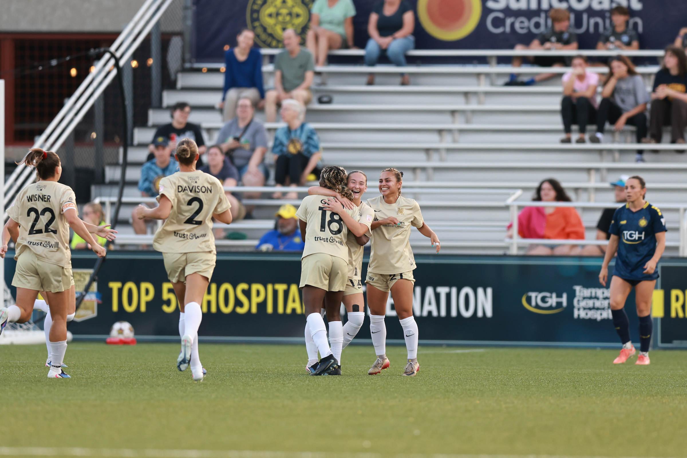 Dallas Trinity celebrates a goal at Tampa Bay Sun, May 9, 2026 (Photo: Keiona Thompson Courtesy Dallas Trinity FC)