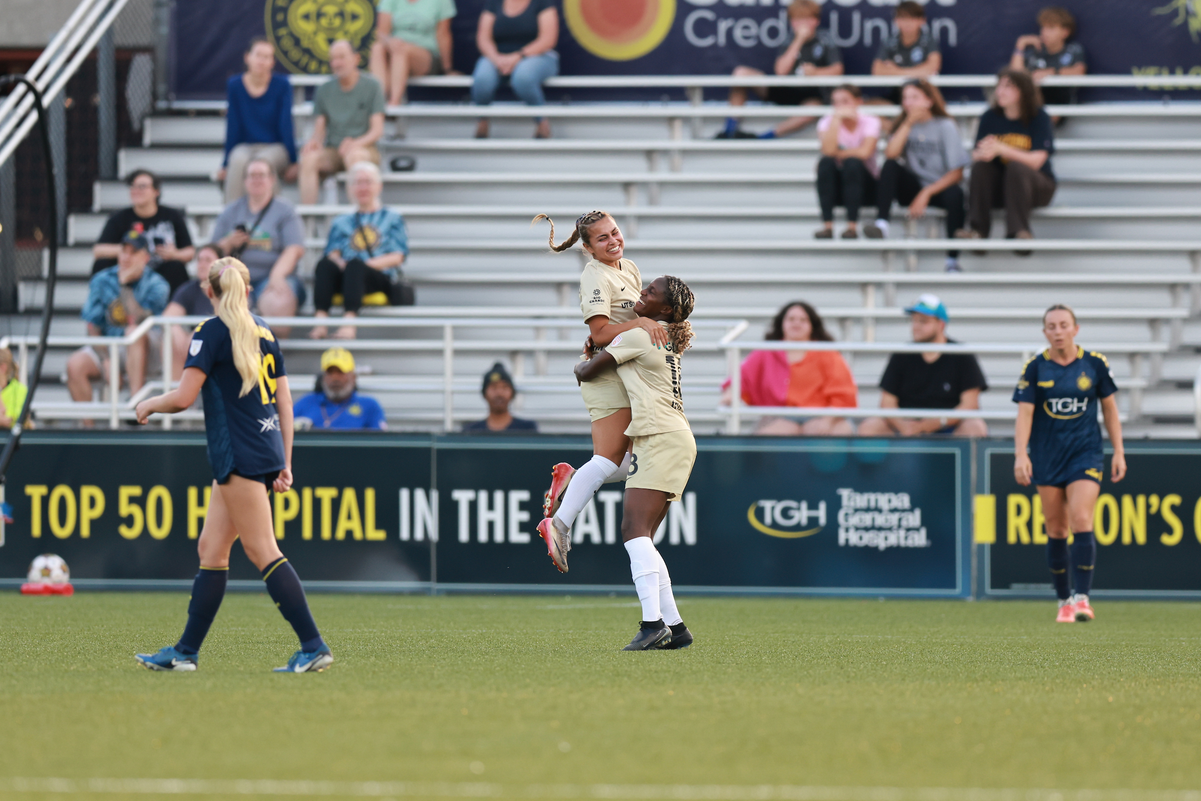 Heroes on the day, Cam Lancaster & Samar Guidry celebrate a goal - Dallas Trinity at Tampa Bay Sun, May 9, 2026 (Photo: Keiona Thompson Courtesy Dallas Trinity FC)
