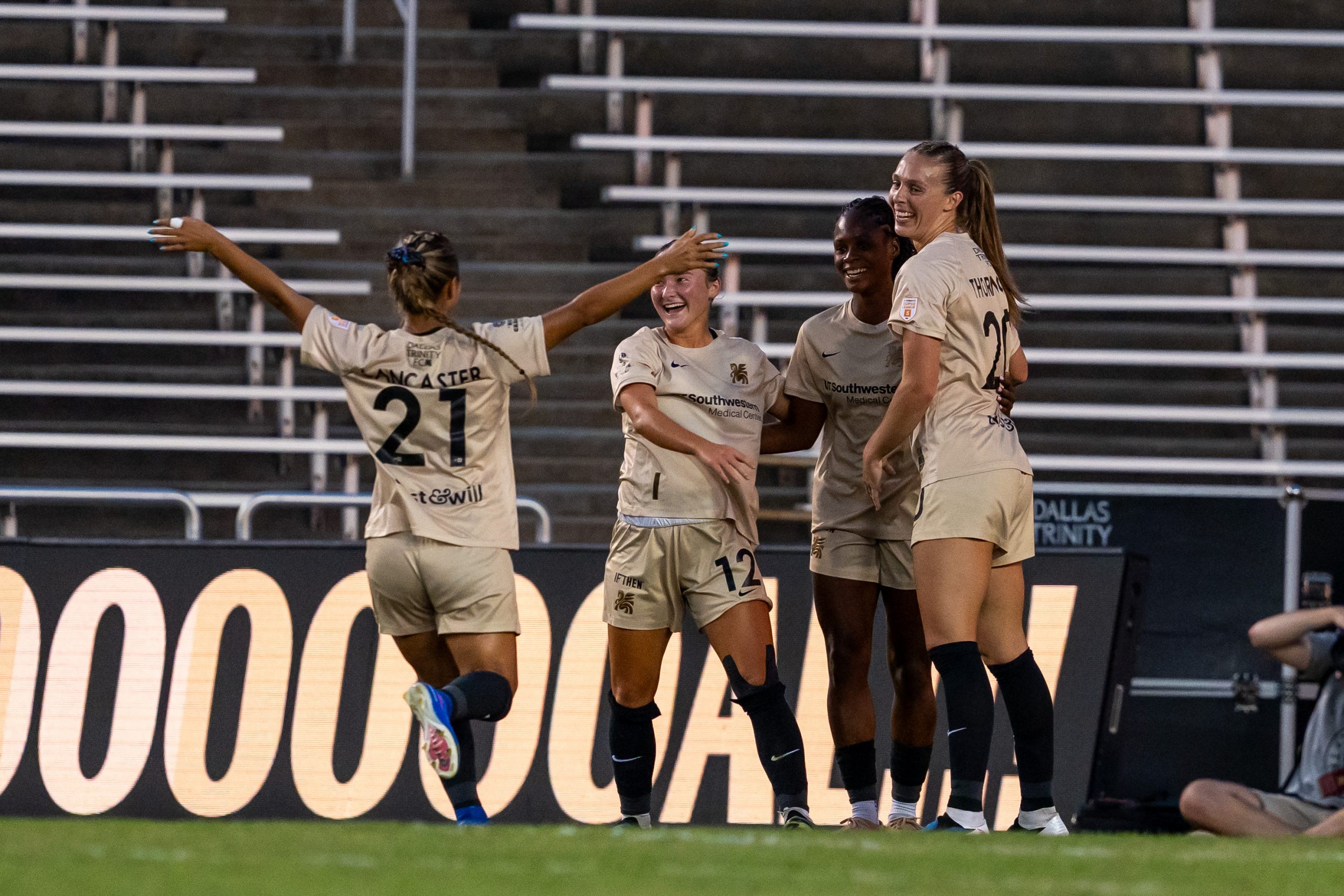Allie Thornton, Sealy Strawn, Jasmie Hamid & Cam Lancaster celebrate a goal - Ft. Lauderdale United at Dallas Trinity, May 16, 2026 (Photo: Anna Dolmany Courtesy Dallas Trinity FC)
