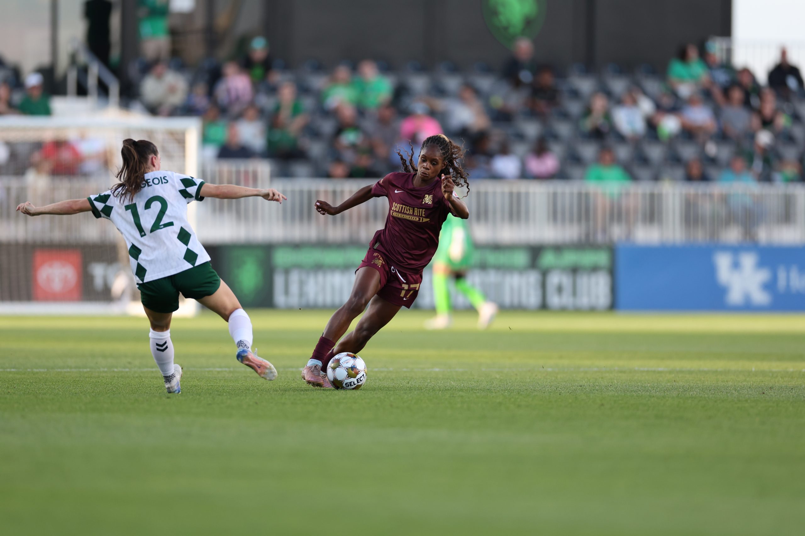Jasmine Hamid runs onto the ball in the USL Super League Semifinal at Lexington - May 23, 2026 (Keiona Thompson, Courtesy Dallas Trinity FC)