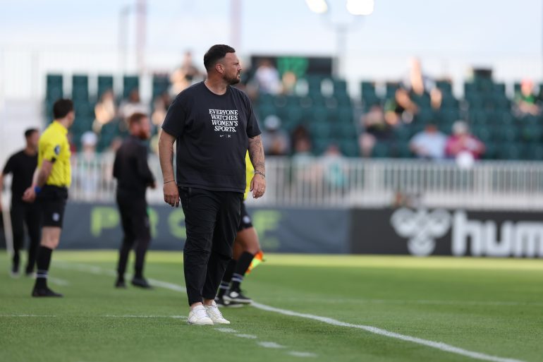 Nathan Thackeray walks the sideline in the USL Super League Semifinal at Lexington - May 23, 2026 (Keiona Thompson, Courtesy Dallas Trinity FC)