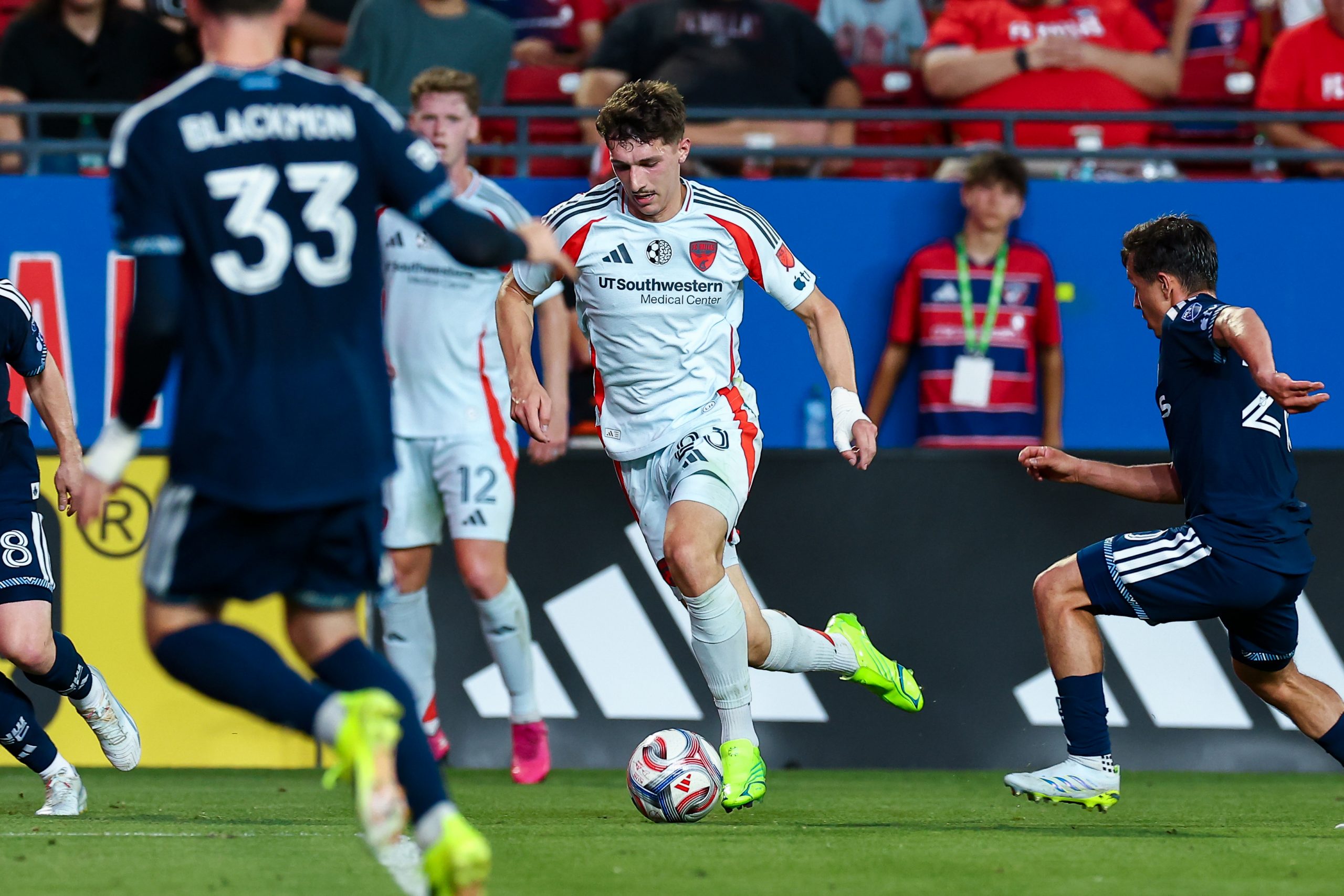 Logan Farrington drives into the box against the Vancouver Whitecaps, May 13, 2026. (Matt Visinsky, 3rd Degree)