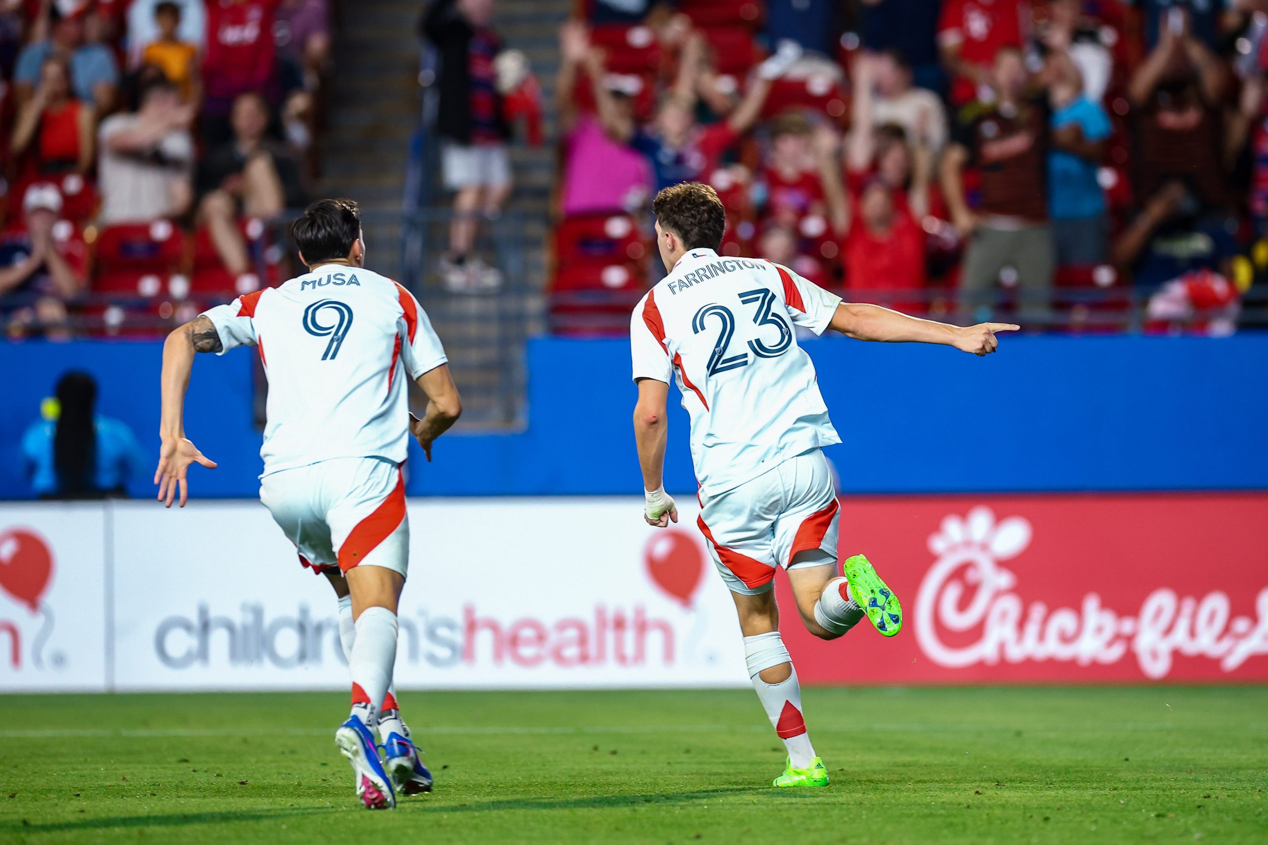 Logan Farrington and Petar Musa celebrate against the Vancouver Whitecaps, May 13, 2026. (Matt Visinsky, 3rd Degree)