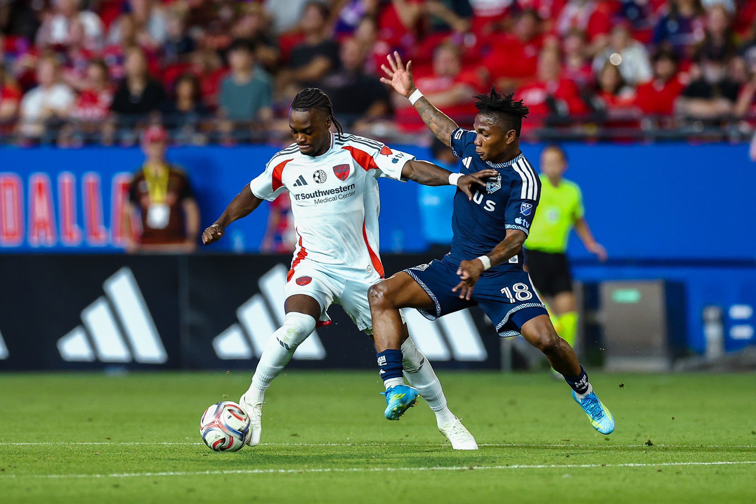 Santiago Moreno shields off a defender against the Vancouver Whitecaps, May 13, 2026. (Matt Visinsky, 3rd Degree)
