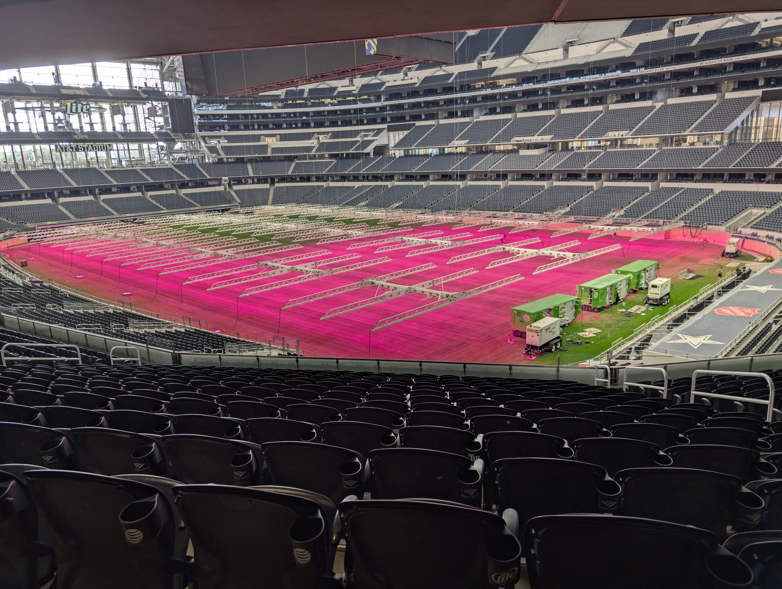 The 18 suspended grow lights on the field at Dallas Stadium with three GrassMax machines in the southwest end zone (Dan Crooke)