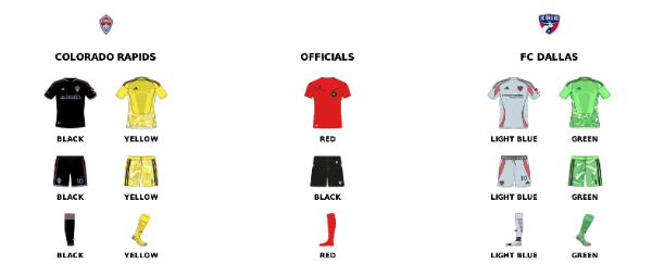 MLS kit assignments for FC Dallas at Colorado Rapids, May 23, 2026. (Courtesy MLS)