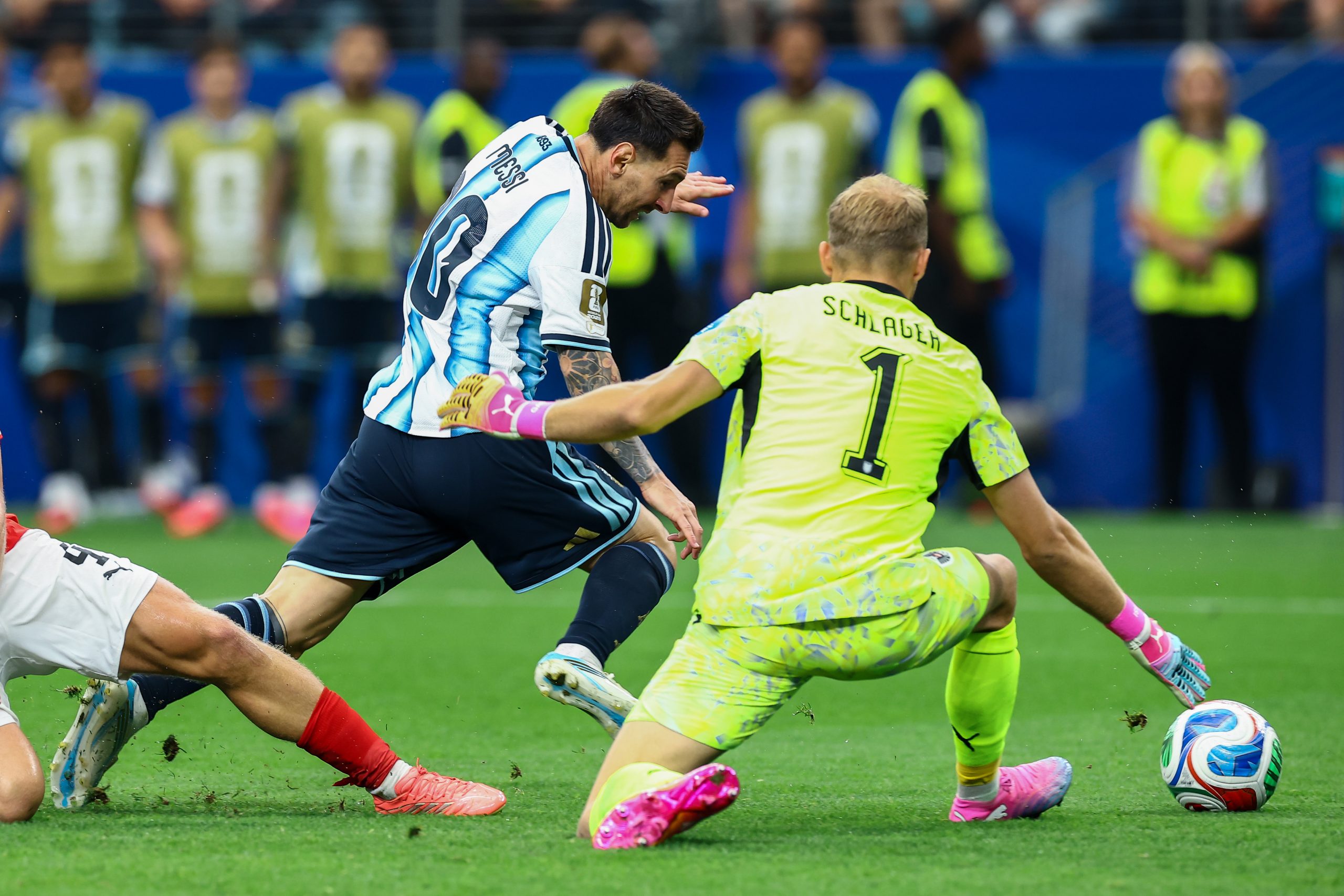 Lionel Messi (10) attempts to go around Alexander Schlager (1). Argentina vs Austria, World Cup 2026, June 22, 2026. (Matt Visinsky, 3rd Degree)
