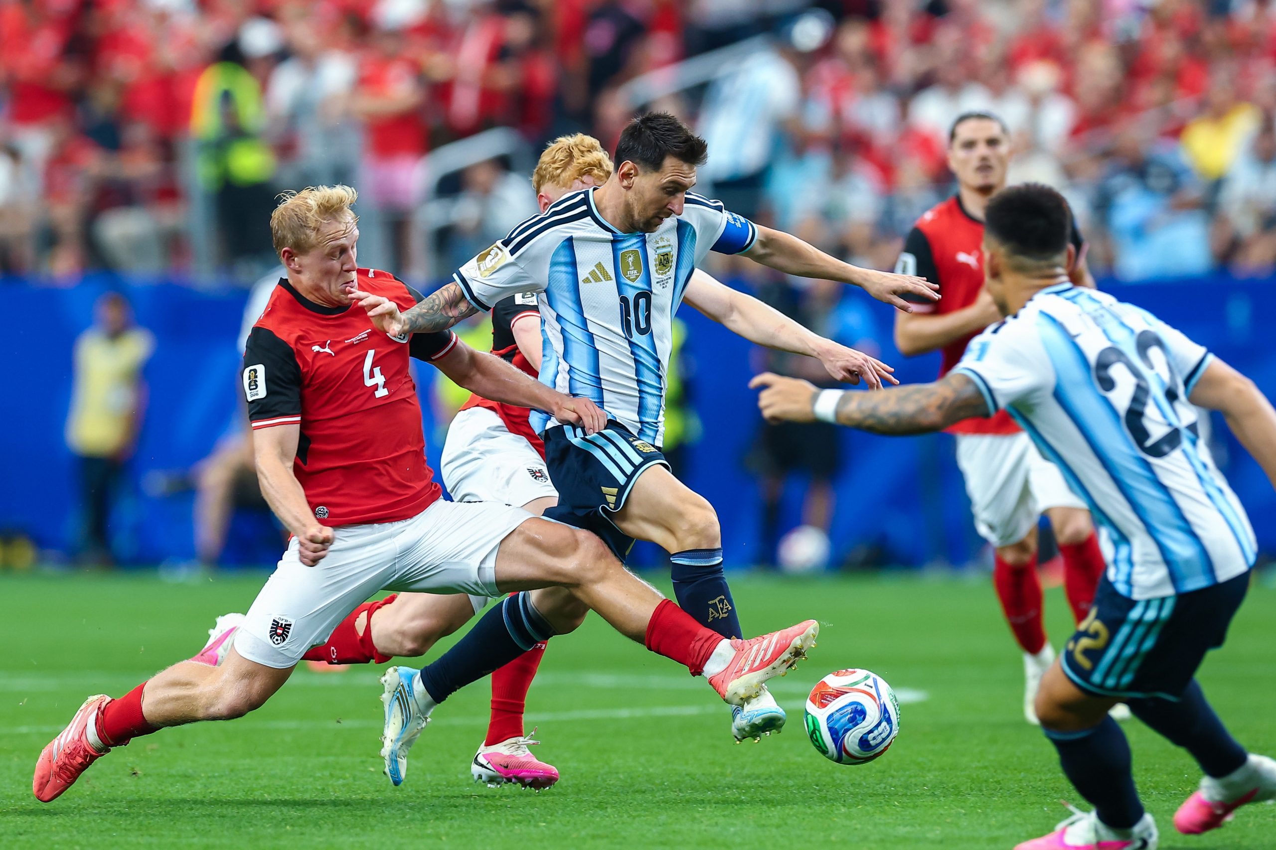 Lionel Messi (10) fights off multiple defenders. Argentina vs Austria, World Cup 2026, June 22, 2026. (Matt Visinsky, 3rd Degree)