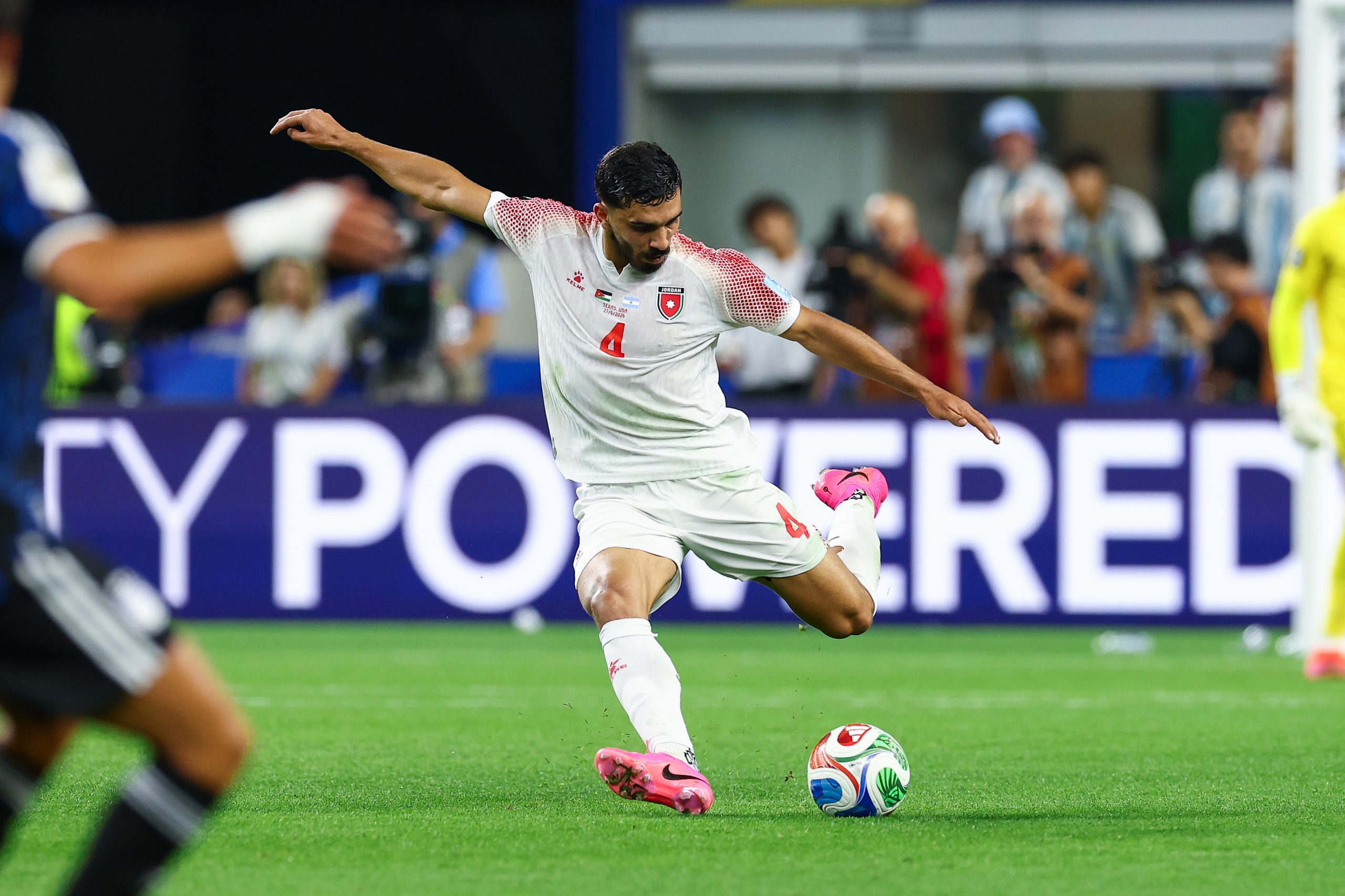 Husam Abu Dahab (4) winds up a shot. Jordan vs Argentina, 2026 World Cup, Dallas Stadium, June 27, 2026. (Matt Visinsky, 3rd Degree)