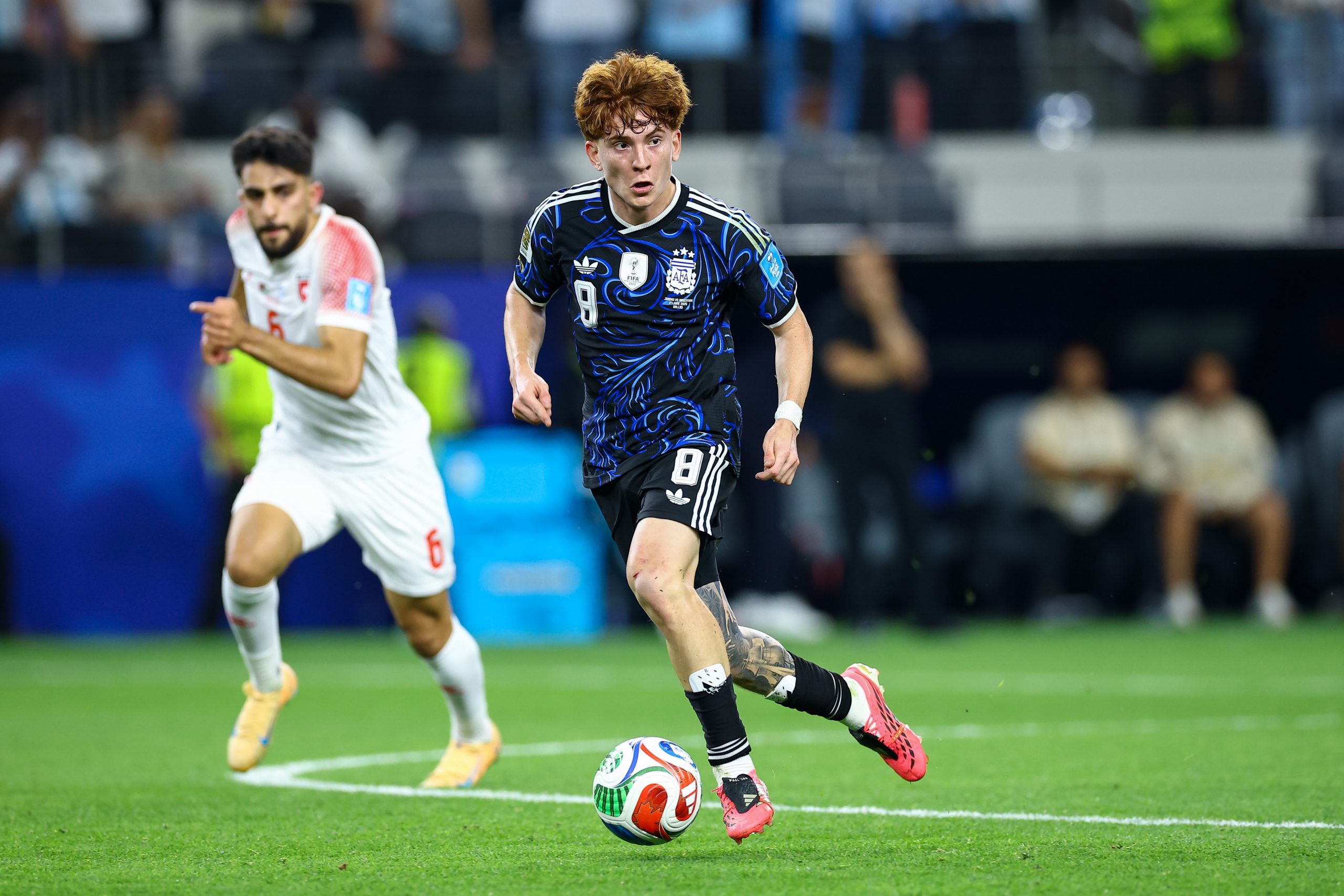 Valentín Barco (8) check for a teammate. Jordan vs Argentina, 2026 World Cup, Dallas Stadium, June 27, 2026. (Matt Visinsky, 3rd Degree)