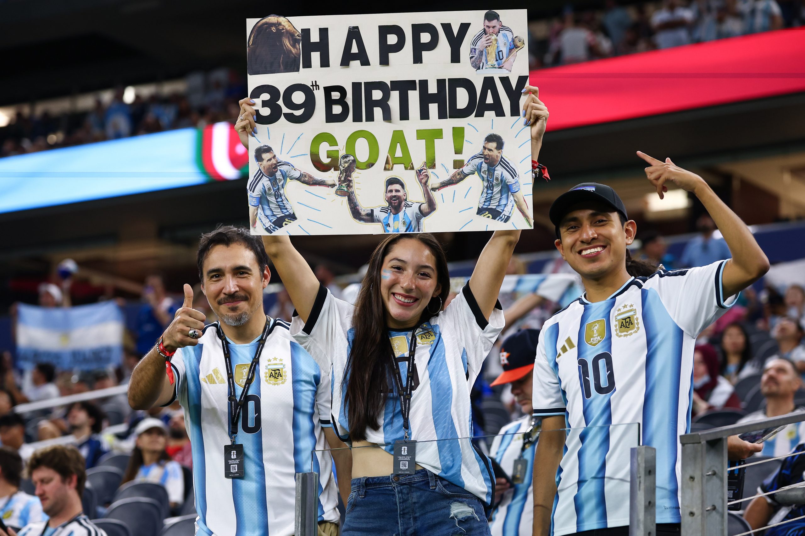 Argentine fans celebrate Lionel Messi's birthday. Jordan vs Argentina, 2026 World Cup, Dallas Stadium, June 27, 2026. (Matt Visinsky, 3rd Degree)
