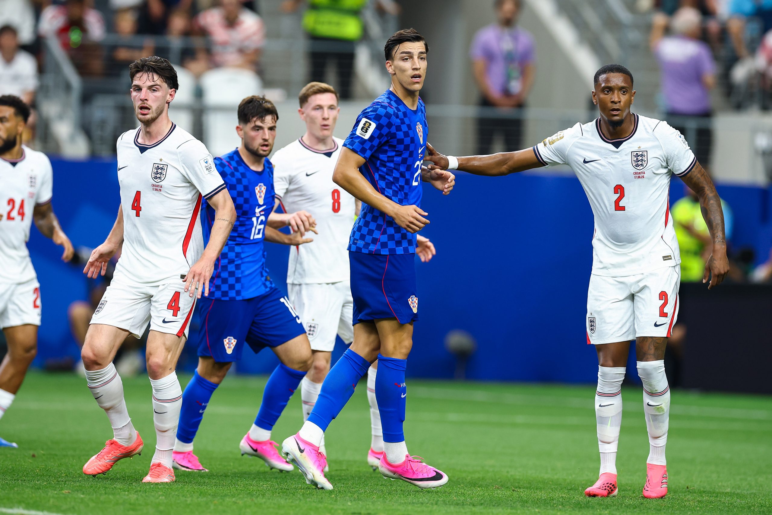 FC Dallas' Petar Musa (26) awaits a cross in a crowd playing for Croatia against England in the World Cup, June 17, 2026 at "Dallas Stadium." (Matt Visinsky, 3rd Degree)