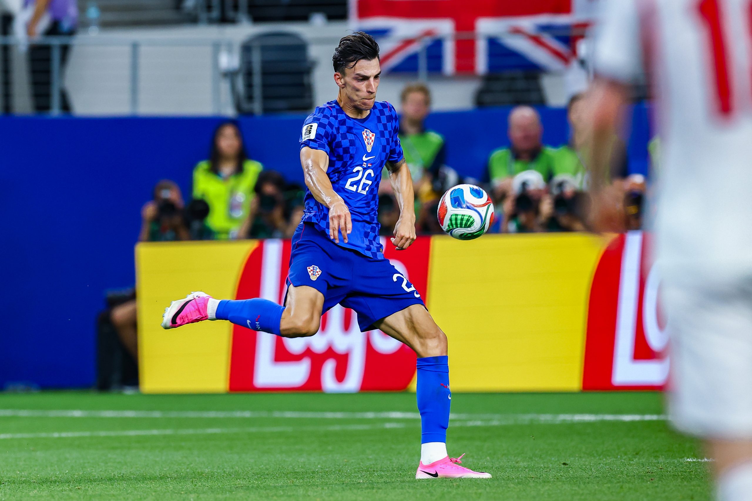 Petar Musa (26) of Croatia shoots against England in the World Cup, June 17, 2026 at "Dallas Stadium." (Matt Visinsky, 3rd Degree)
