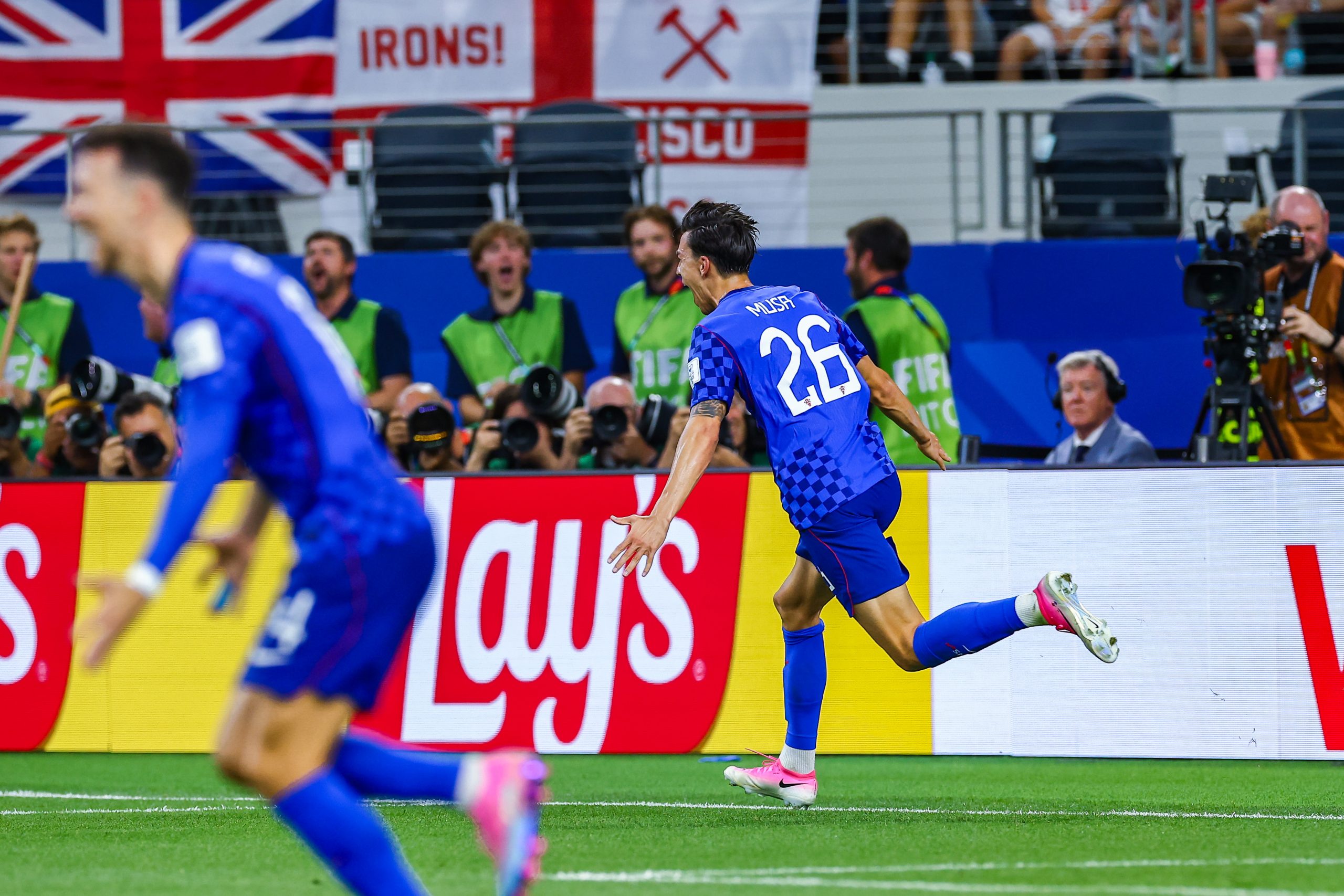 FC Dallas' Petar Musa (26) celebrates his goal for Croatia against England in the World Cup, June 17, 2026 at "Dallas Stadium." (Matt Visinsky, 3rd Degree)