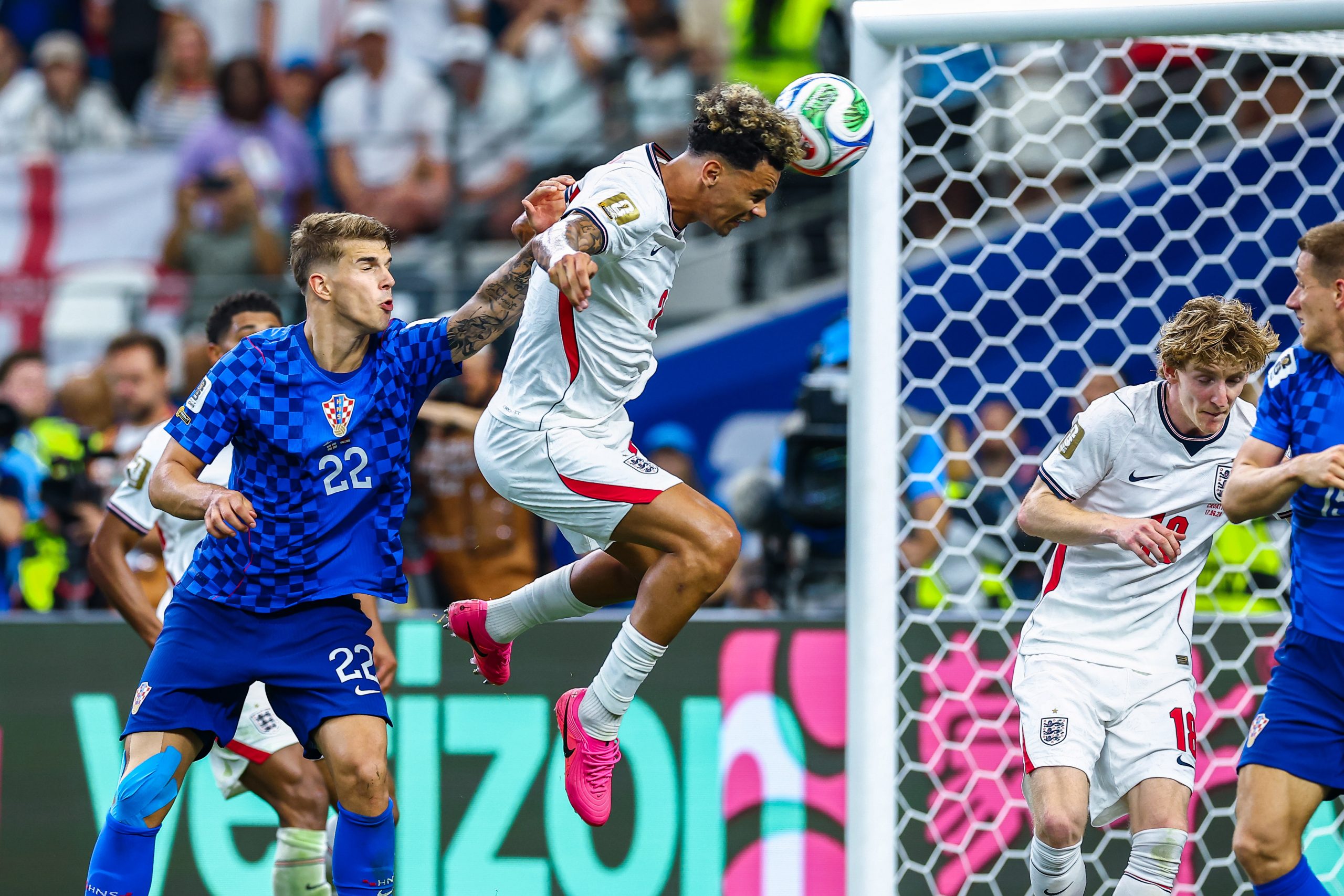 Nico O'Reilly (3) heads for goal, England vs Croatia in the World Cup, June 17, 2026 at "Dallas Stadium." (Matt Visinsky, 3rd Degree)