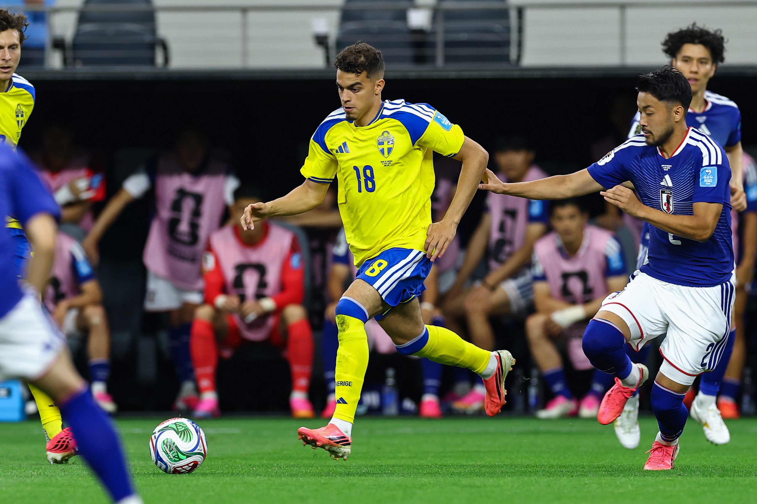 Yasin Ayari (18) charges forward. Japan vs Sweden, 2026 World Cup at Dallas Stadium, June 25, 2026. (Matt Visinsky, 3rd Degree)