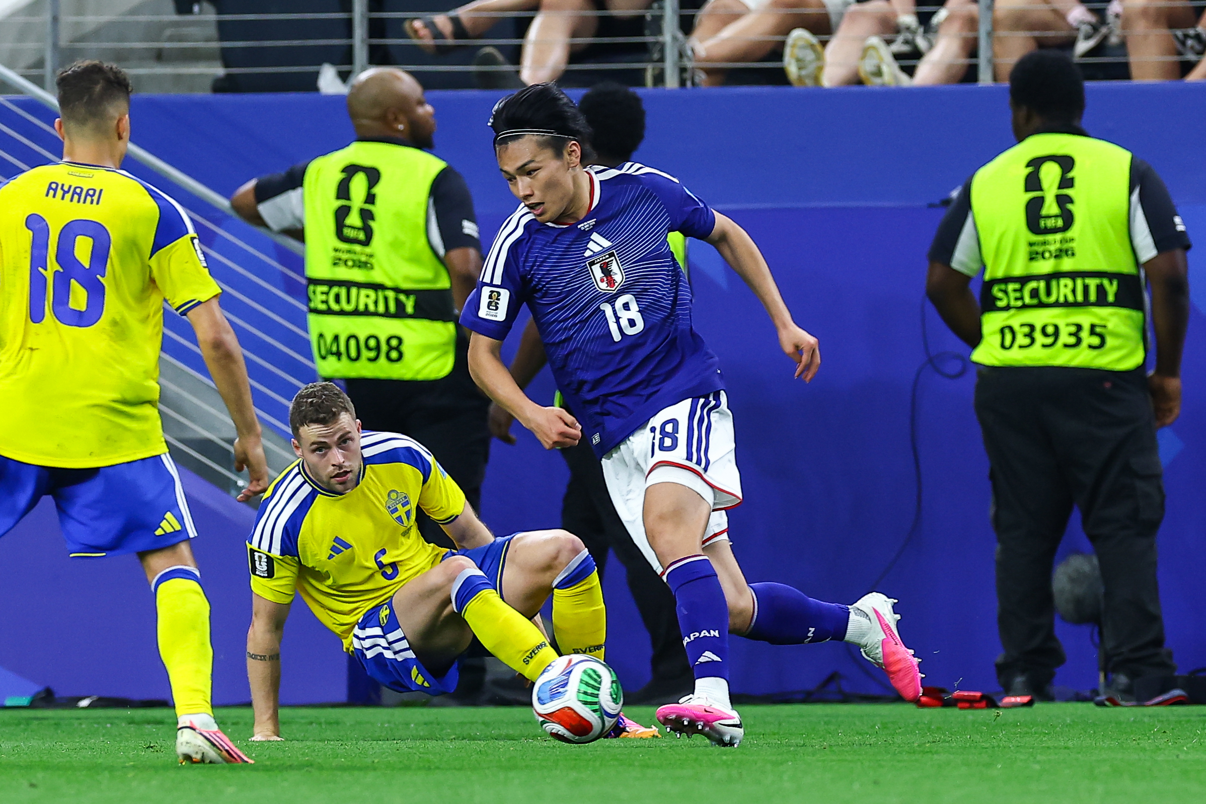 Ayase Ueda(18) beats Gabriel Gudmundsson (5). Japan vs Sweden, 2026 World Cup at Dallas Stadium, June 25, 2026. (Matt Visinsky, 3rd Degree)
