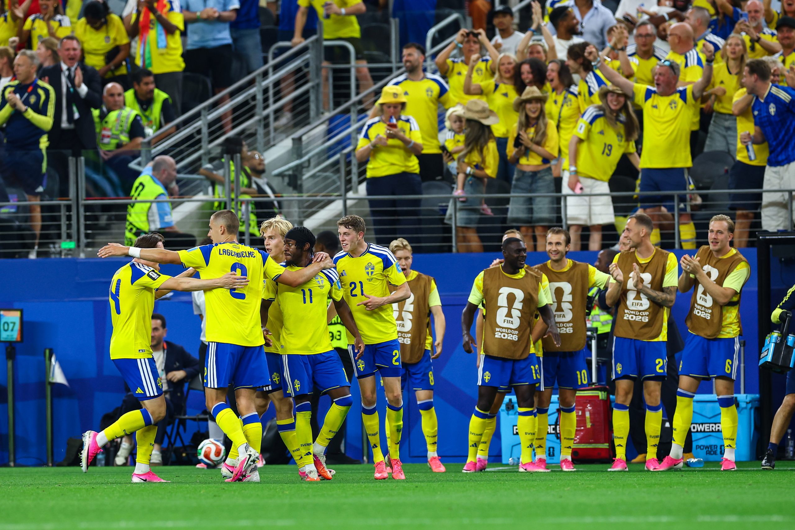 Sweden celebrates. Japan vs Sweden, 2026 World Cup at Dallas Stadium, June 25, 2026. (Matt Visinsky, 3rd Degree)