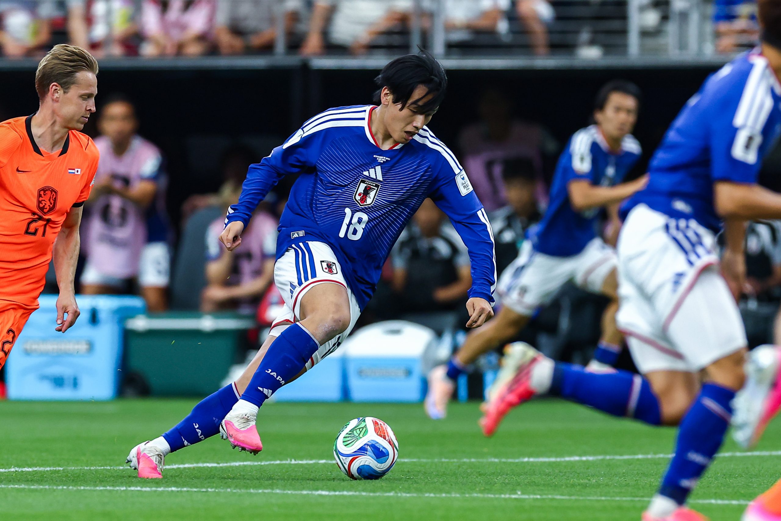 Ayase Ueda (18) turns up field. Japan vs Netherlands, at "Dallas Stadium," 2026 World Cup, June 14, 2026. (Matt Visinsky, 3rd Degree)