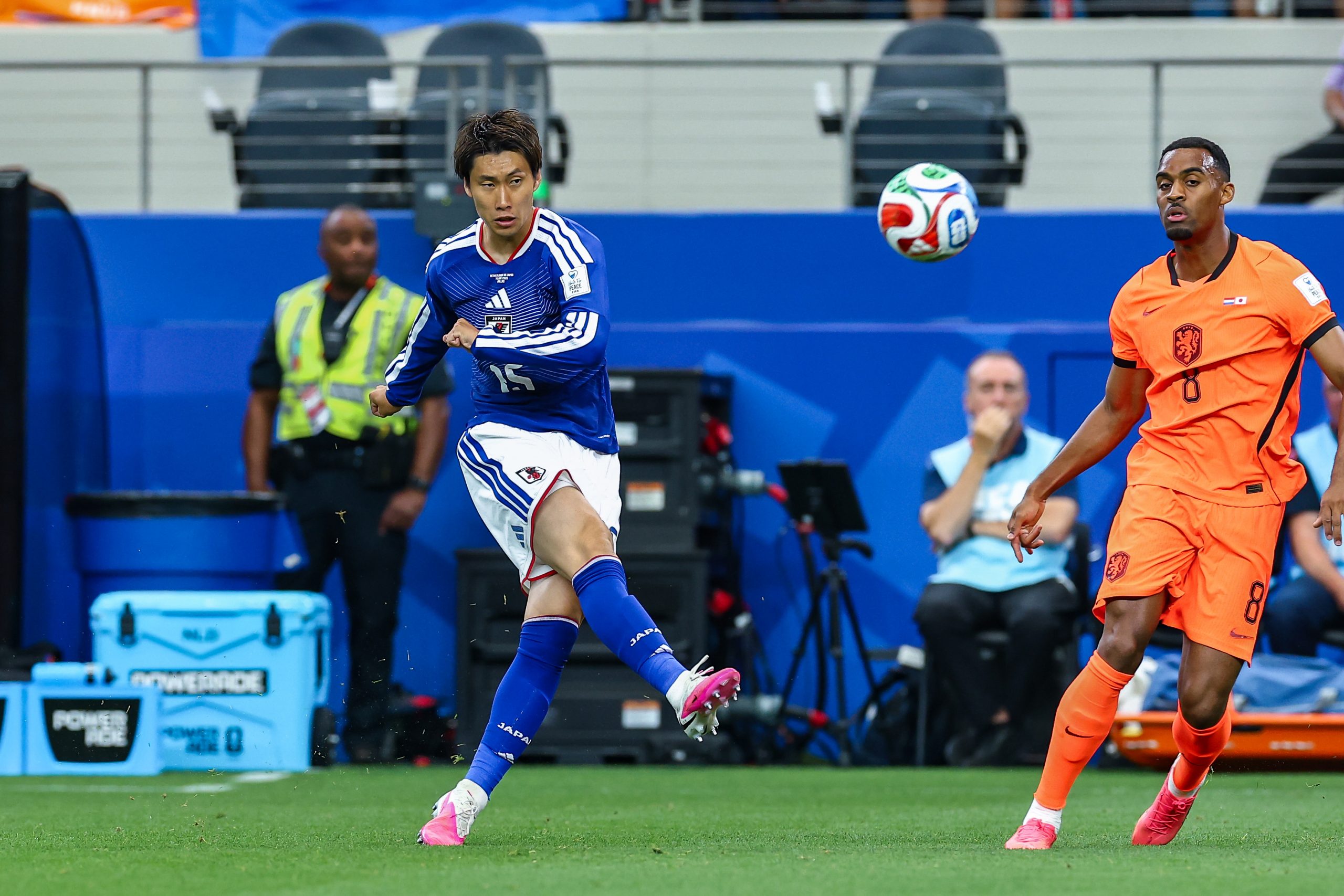 Daichi Kamada (15) shoots. Japan vs Netherlands, at "Dallas Stadium," 2026 World Cup, June 14, 2026. (Matt Visinsky, 3rd Degree)