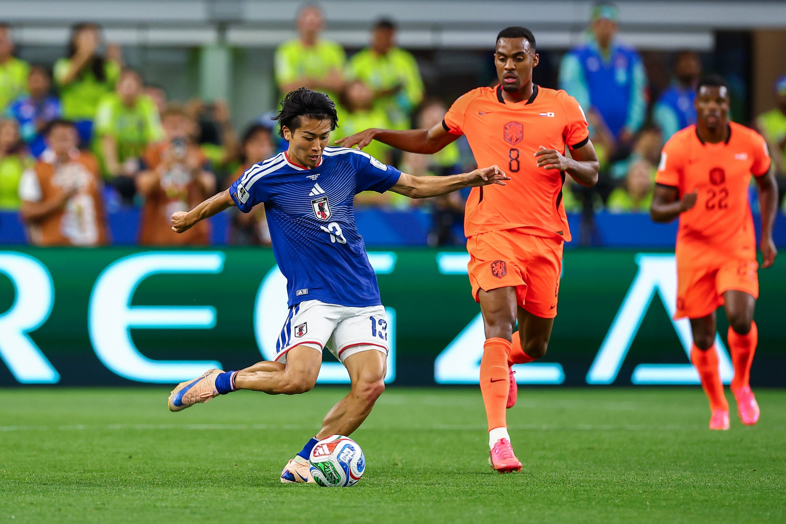 Keito Nakamura (13) takes a shot. Japan vs Netherlands, at "Dallas Stadium," 2026 World Cup, June 14, 2026. (Matt Visinsky, 3rd Degree)