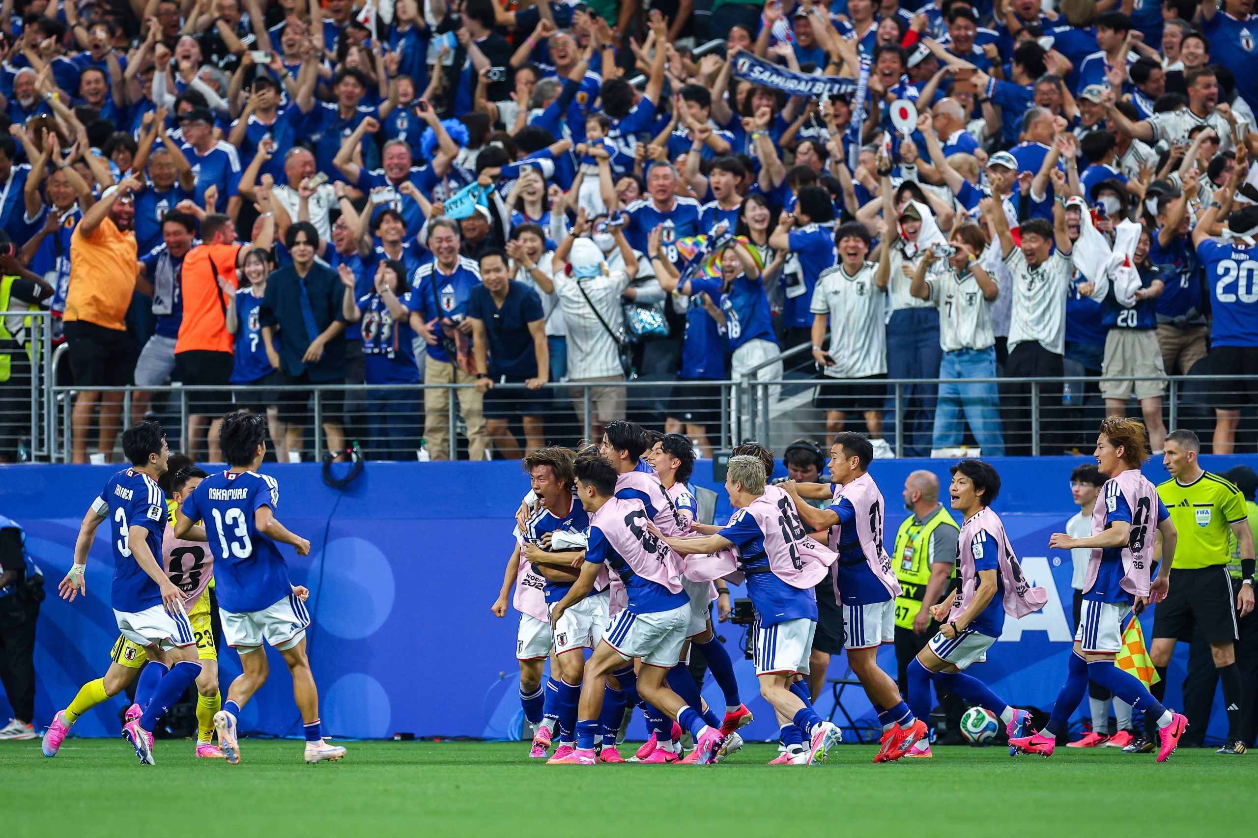 Japan celebrates a goal. Japan vs Netherlands, at "Dallas Stadium," 2026 World Cup, June 14, 2026. (Matt Visinsky, 3rd Degree)
