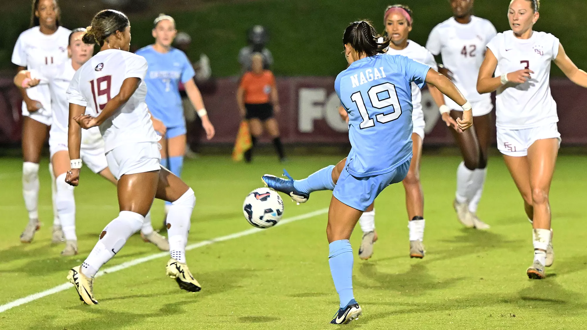 Aria Negai takes a shot on goal while playing for North Carolina. (Courtesy UNC) 