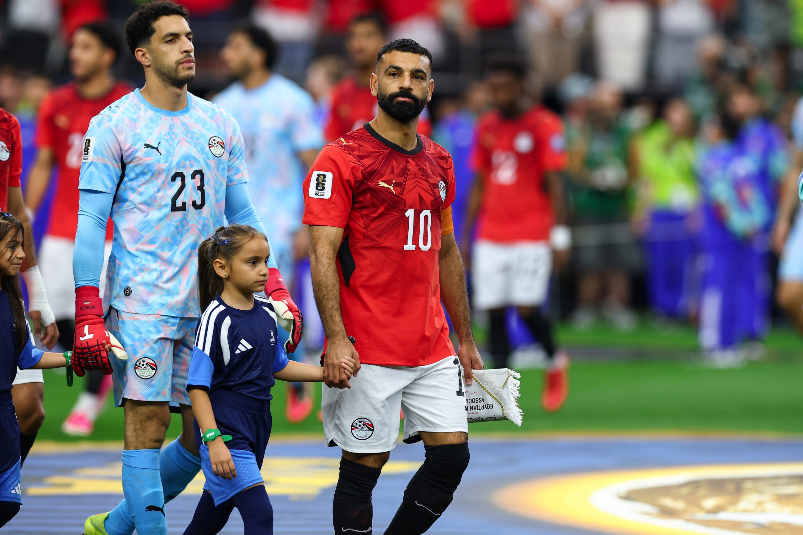Mo Salah (10) walks out for anthems. Australia vs Egypt, 2026 World Cup, Dallas Stadium, June 27, 2026. (Matt Visinsky, 3rd Degree)