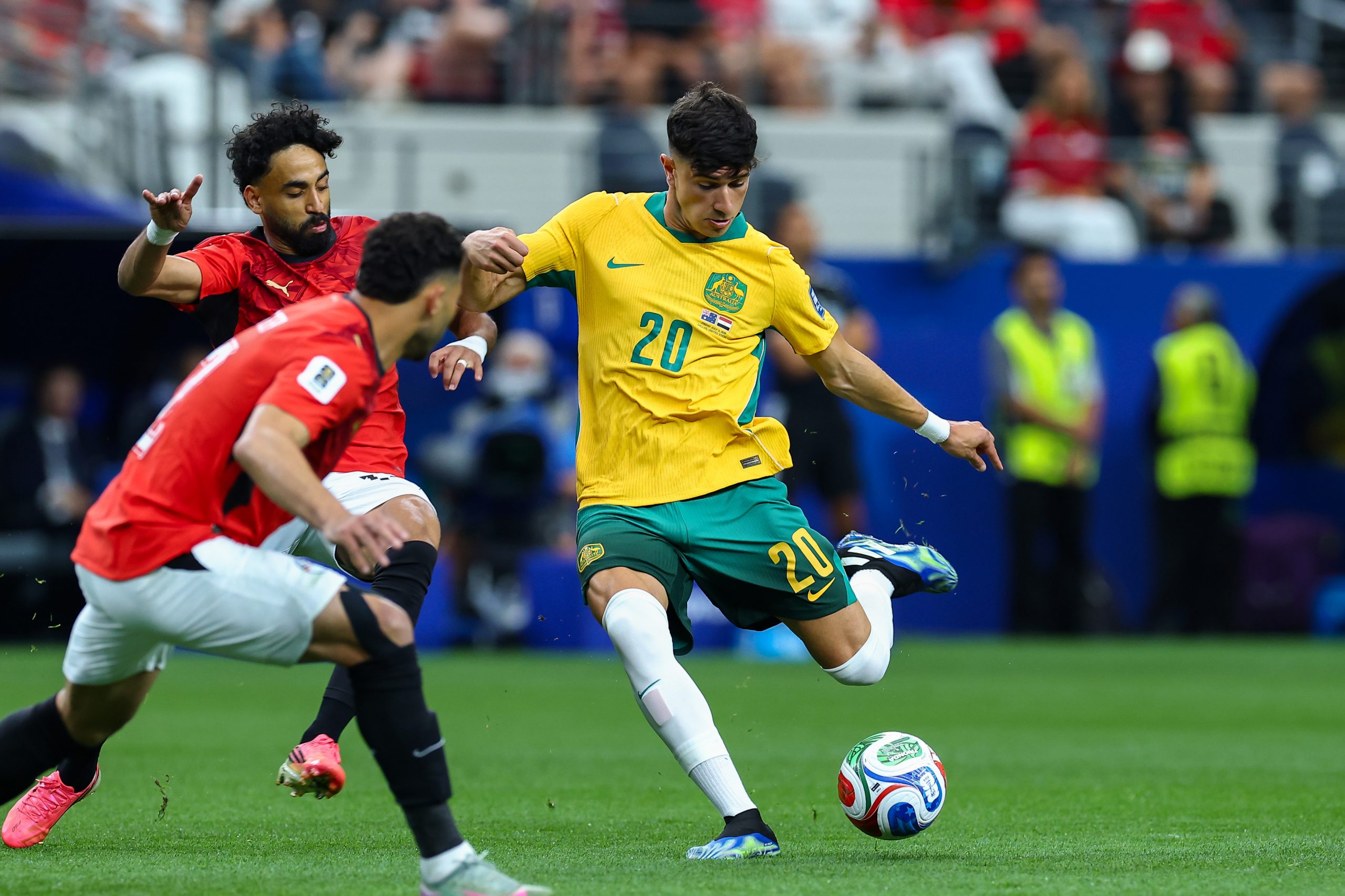 Cristian Volpato (20) winds up. Australia vs Egypt, 2026 World Cup, Dallas Stadium, June 27, 2026. (Matt Visinsky, 3rd Degree)