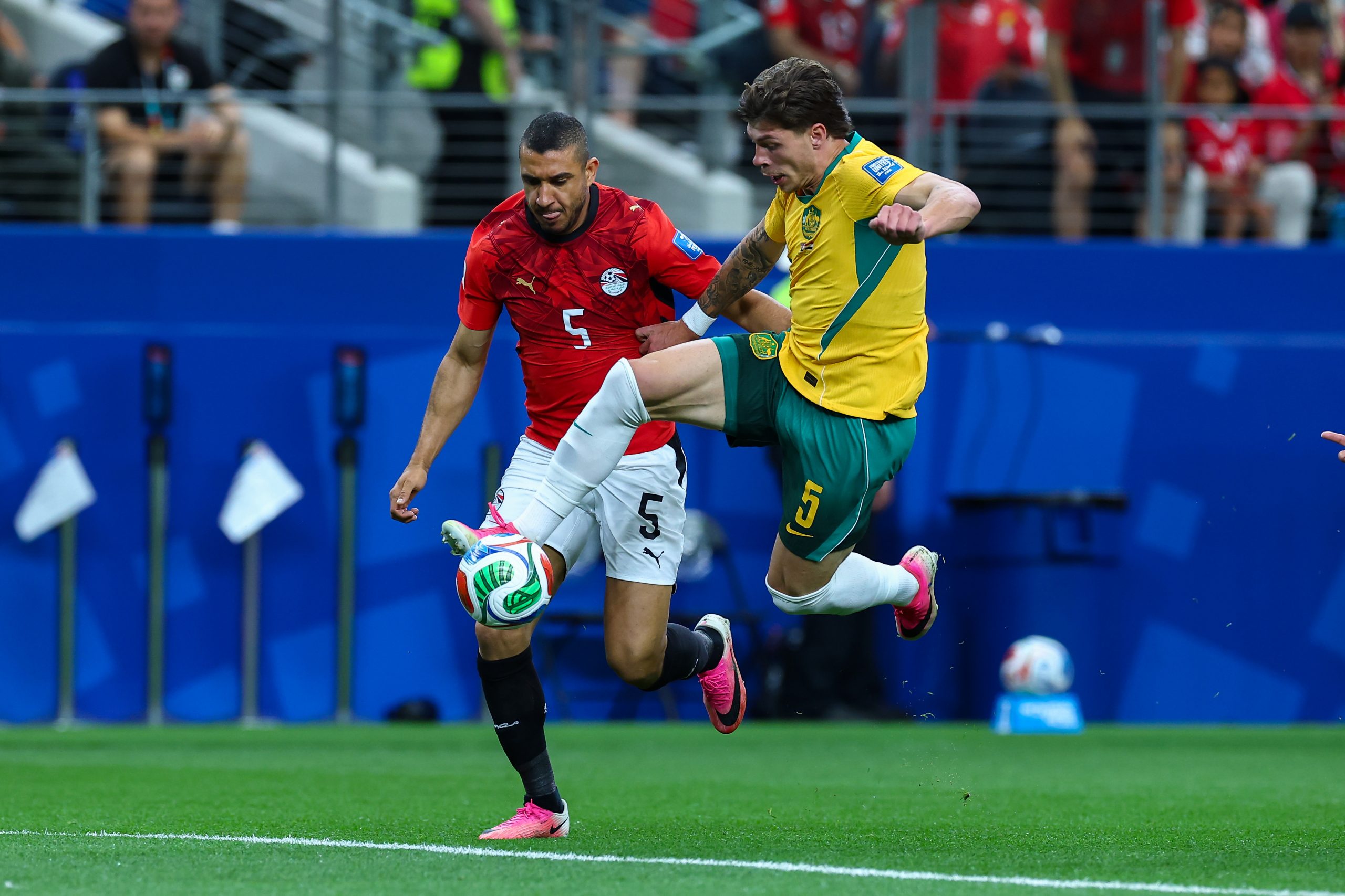 Two 5s battle, Jordan Bos for Australia and Ramy Rabia of Egypt, 2026 World Cup, Dallas Stadium, June 27, 2026. (Matt Visinsky, 3rd Degree)
