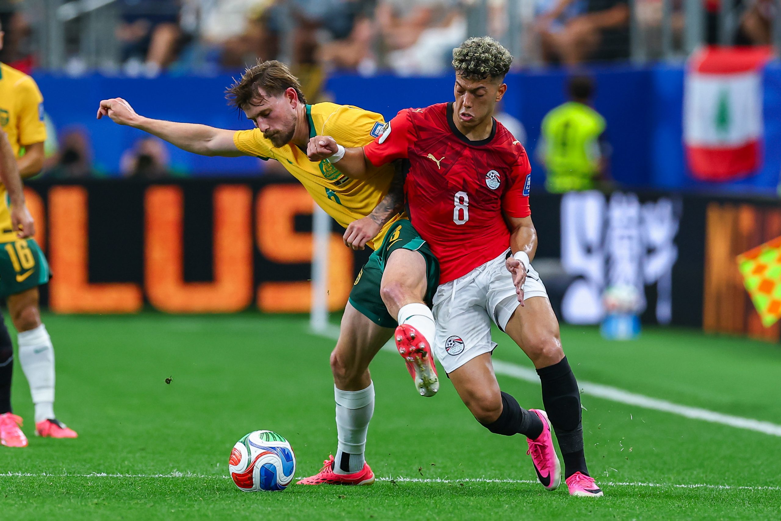 A pair of 8s. Connor Metcalfe (8) battles Emam Ashour (8). Australia vs Egypt, 2026 World Cup, Dallas Stadium, June 27, 2026. (Matt Visinsky, 3rd Degree)