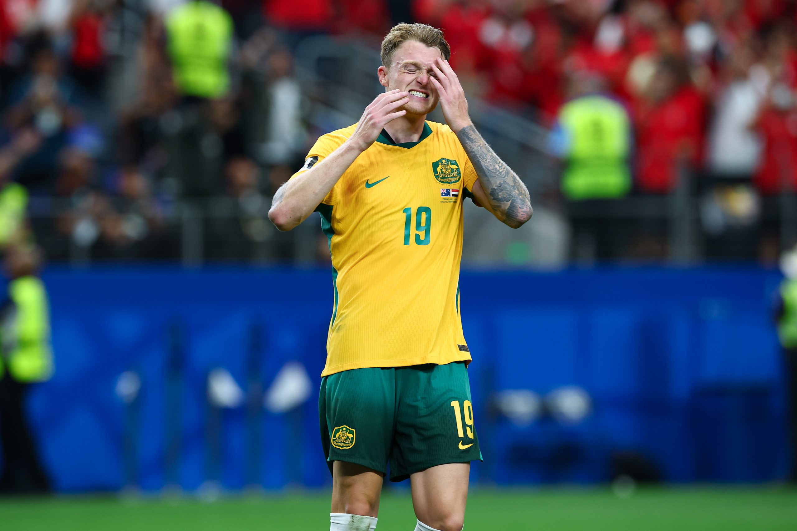 Harry Souttar (19) is distraught after missing his kick from the spot. Australia vs Egypt, 2026 World Cup, Dallas Stadium, June 27, 2026. (Matt Visinsky, 3rd Degree)