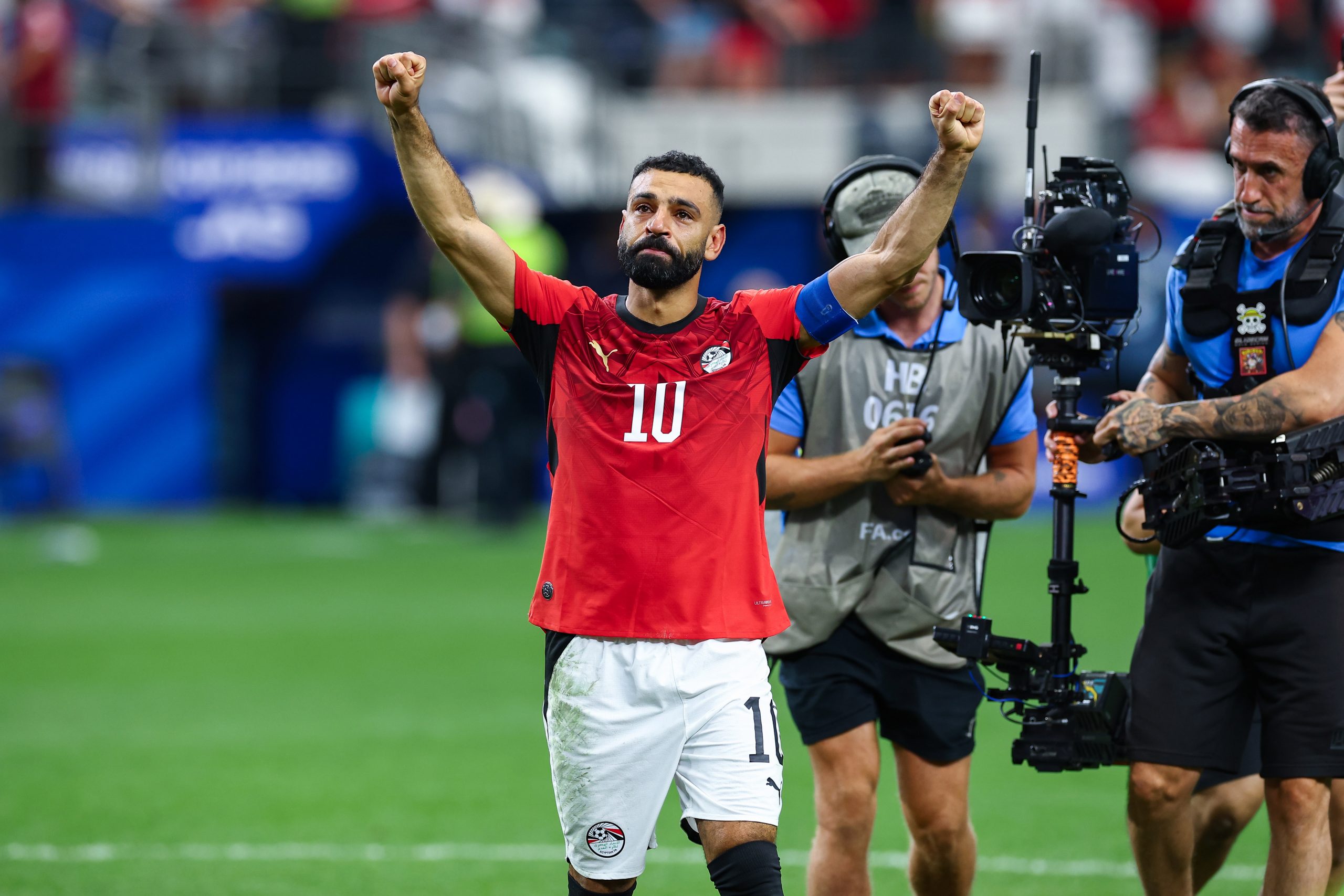 Mo Salah (10) celebrates his country's victory. Australia vs Egypt, 2026 World Cup, Dallas Stadium, June 27, 2026. (Matt Visinsky, 3rd Degree)