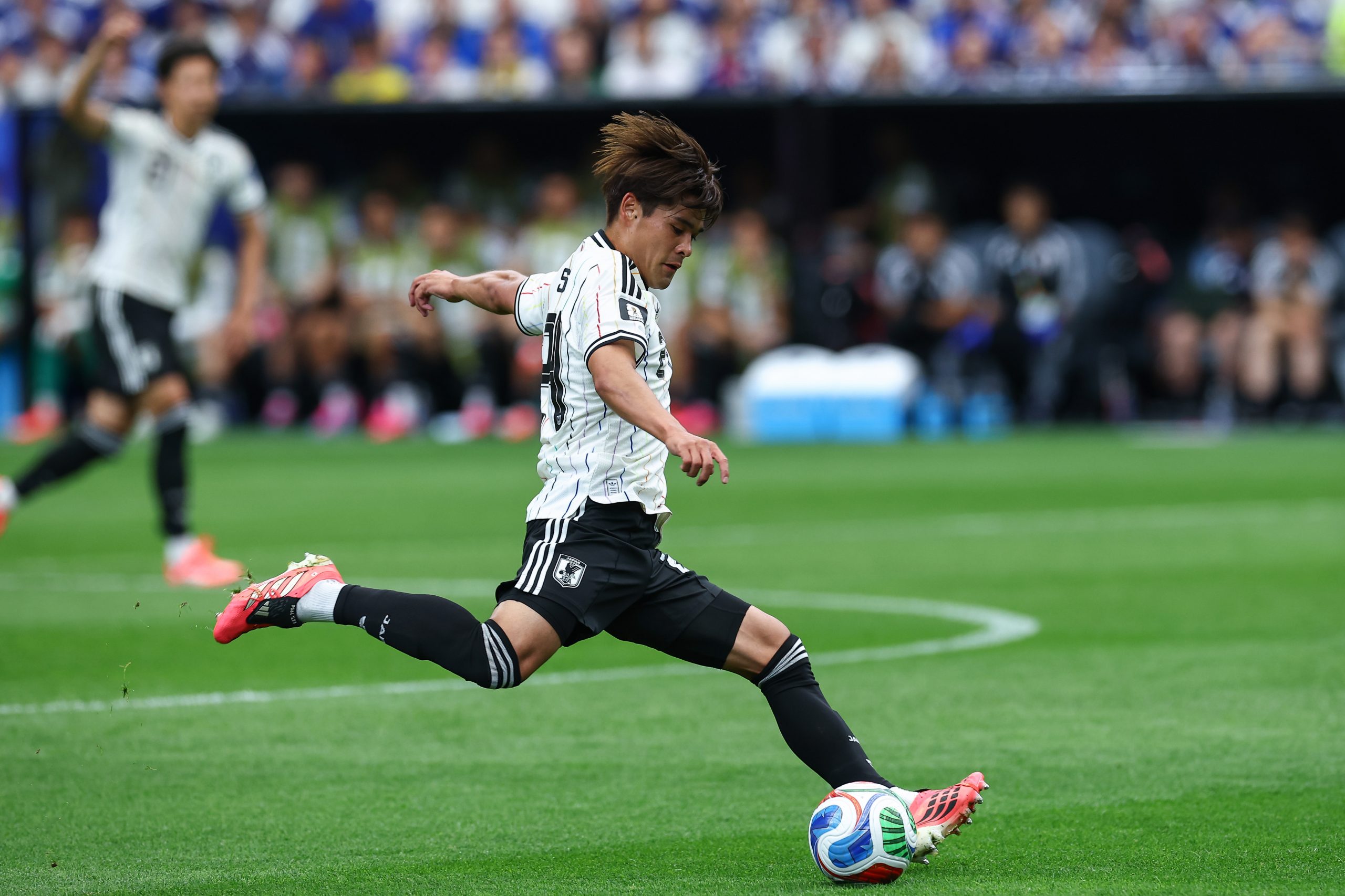 Kaishū Sano (24) takes a shot. Japan vs Brazil, 2026 World Cup, Dallas Stadium, June 27, 2026. (Matt Visinsky, 3rd Degree)
