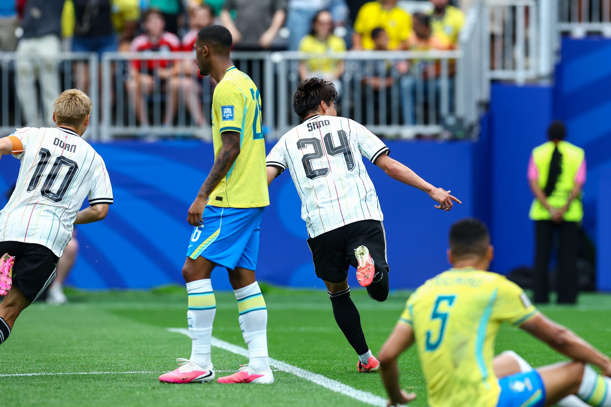 Kaishū Sano (24) celebrates his goal. Japan vs Brazil, 2026 World Cup, Dallas Stadium, June 27, 2026. (Matt Visinsky, 3rd Degree)