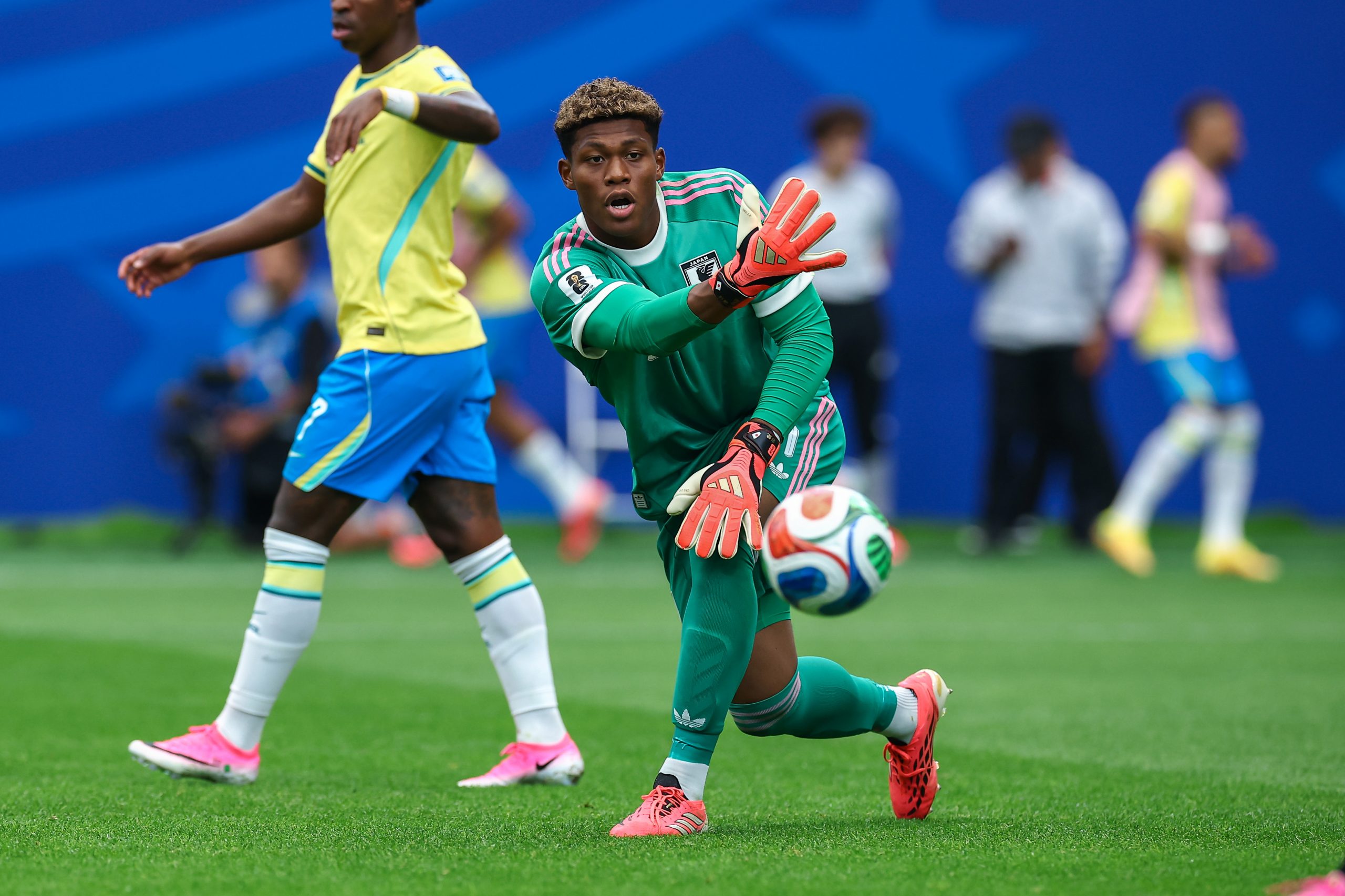 Japan keeper Zion Suzuki (1) rolls the ball out to a teammate. Japan vs Brazil, 2026 World Cup, Dallas Stadium, June 27, 2026. (Matt Visinsky, 3rd Degree)
