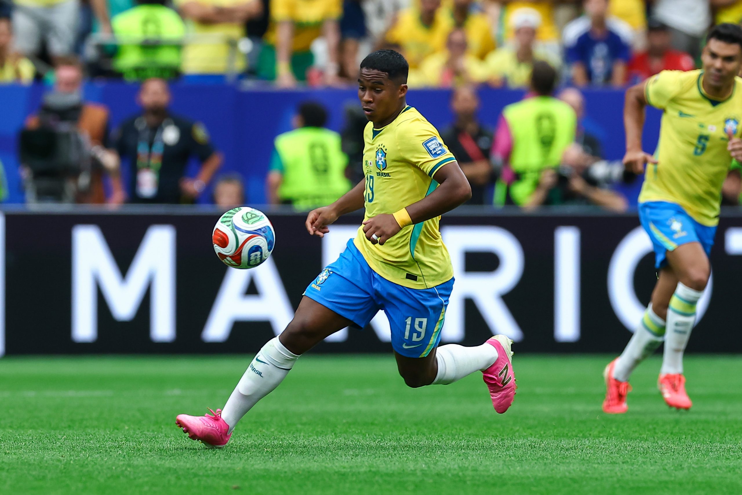 Endrick (19) on the ball. Japan vs Brazil, 2026 World Cup, Dallas Stadium, June 27, 2026. (Matt Visinsky, 3rd Degree)