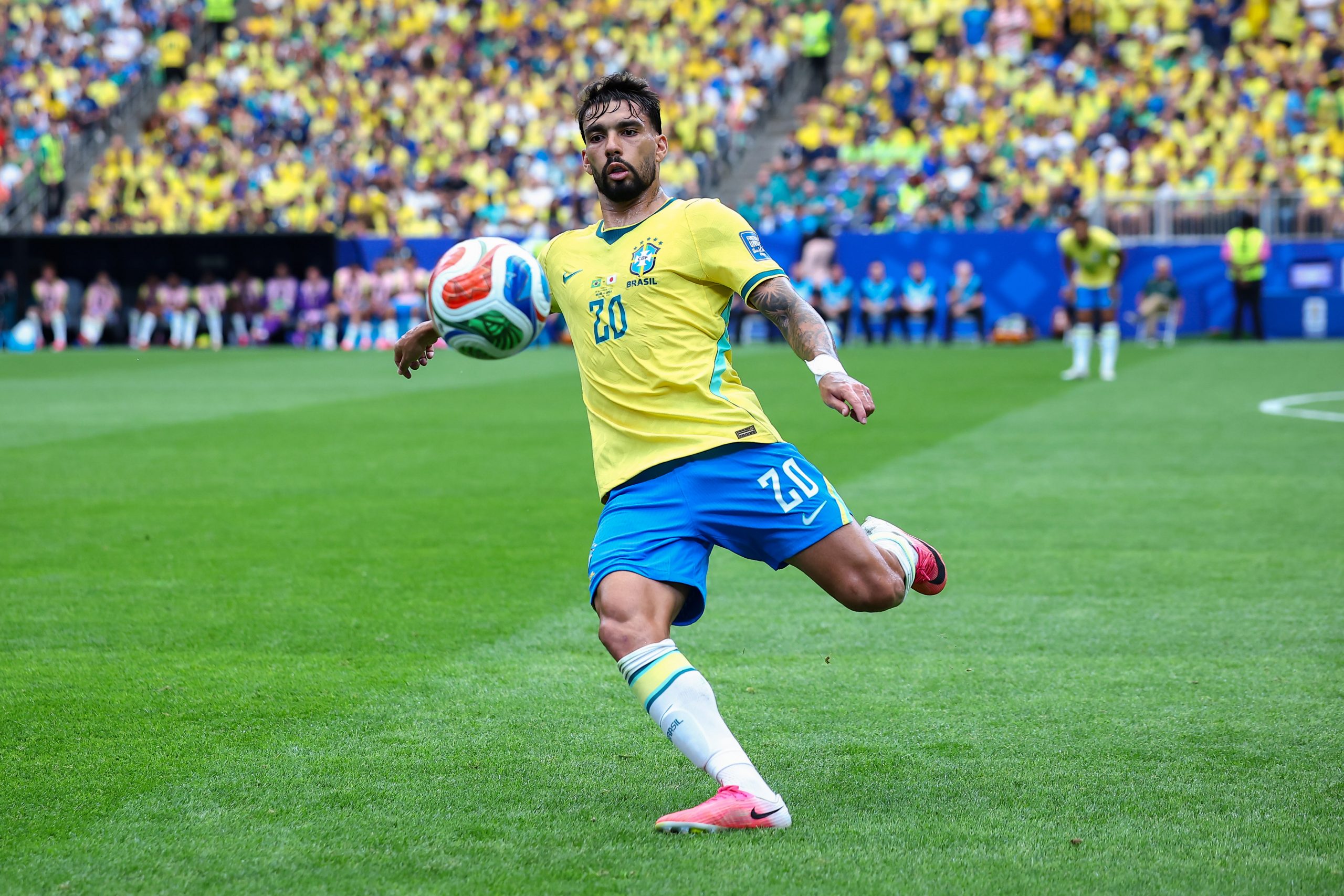 Lucas Paquetá (20) attempts a cross. Japan vs Brazil, 2026 World Cup, Dallas Stadium, June 27, 2026. (Matt Visinsky, 3rd Degree)