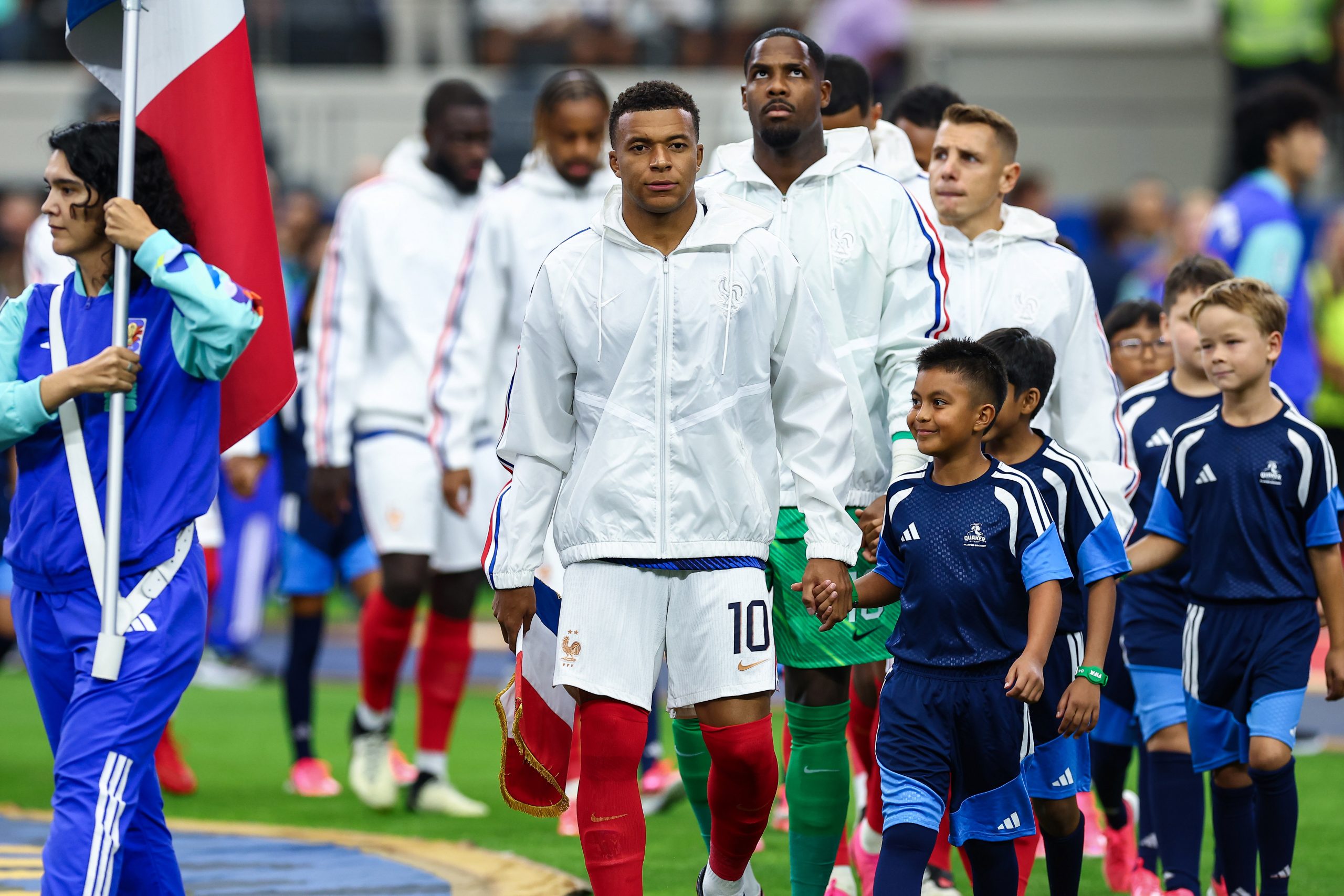 Kylian Mbappé (10) leads out France. France vs Spain, 2026 World Cup, Dallas Stadium, July 14, 2026. (Matt Visinsky, 3rd Degree)
