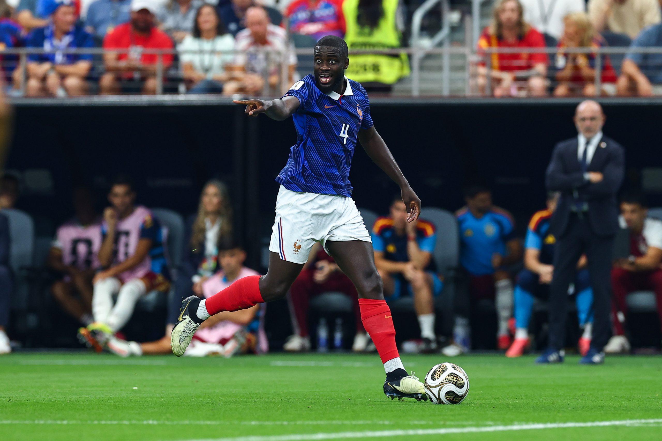 Dayot Upamecano (4) can't believe it. France vs Spain, 2026 World Cup, Dallas Stadium, July 14, 2026. (Matt Visinsky, 3rd Degree)