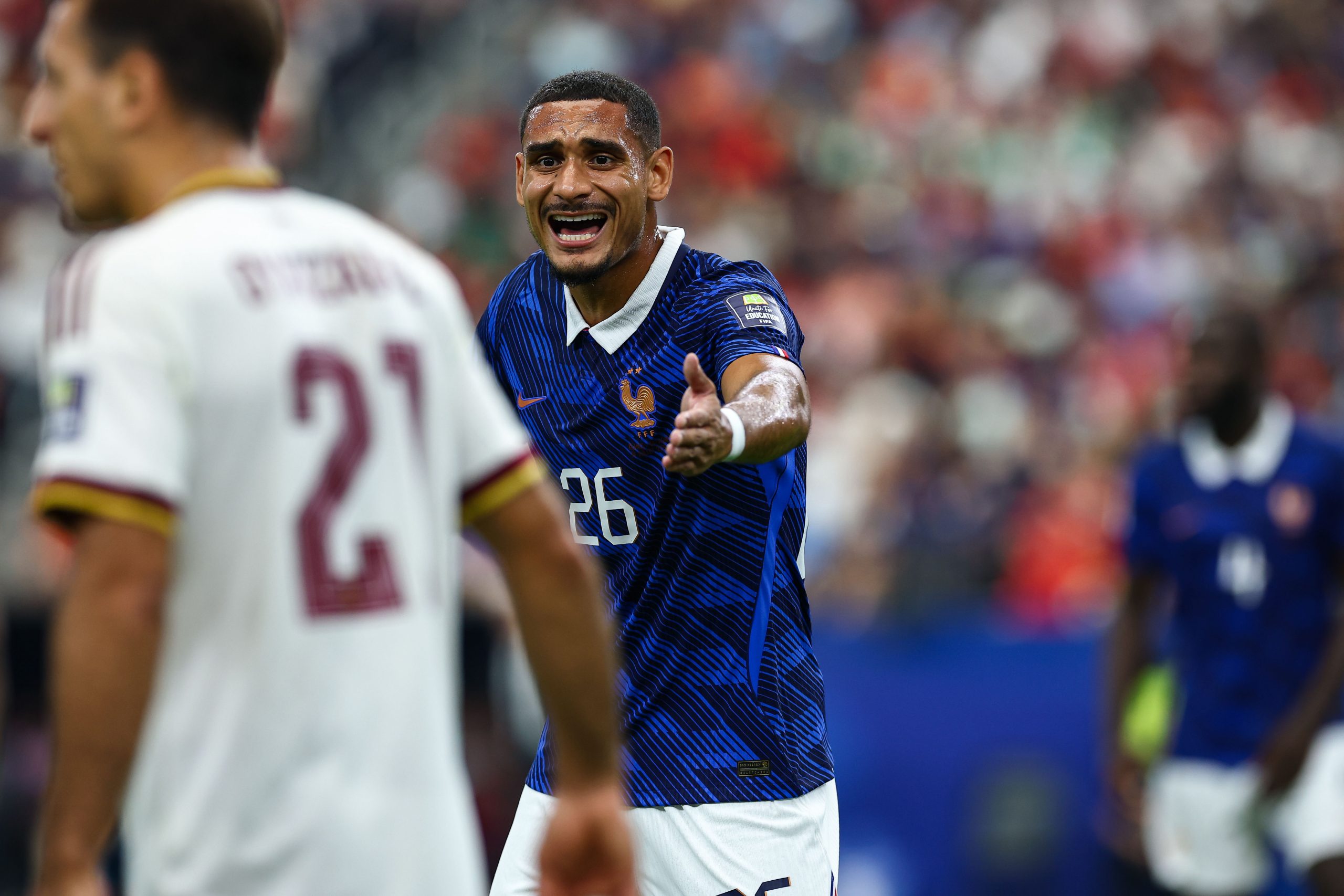 Maxence Lacroix (26) says there is no way. France vs Spain, 2026 World Cup, Dallas Stadium, July 14, 2026. (Matt Visinsky, 3rd Degree)