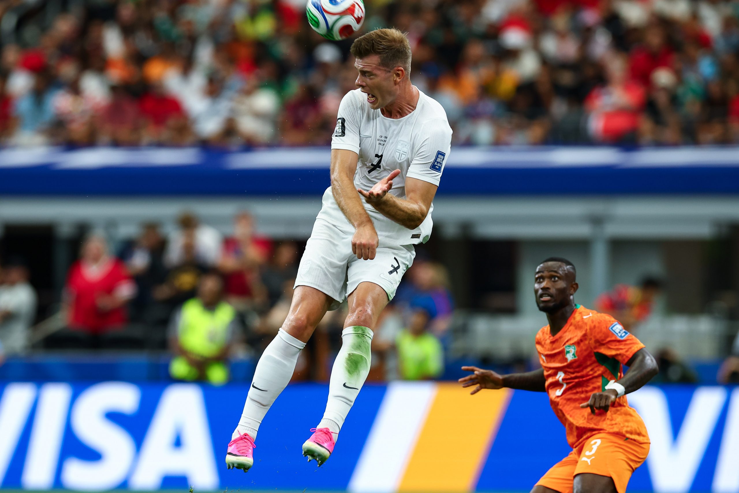 Alexander Sørloth (7) rises up. Norway vs Côte d'Ivoire, 2026 World Cup, Dallas Stadium, June 27, 2026. (Matt Visinsky, 3rd Degree)